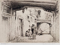 Siglo XX aguafuerte figurativo paisaje ciudad calle blanco y negro firmado