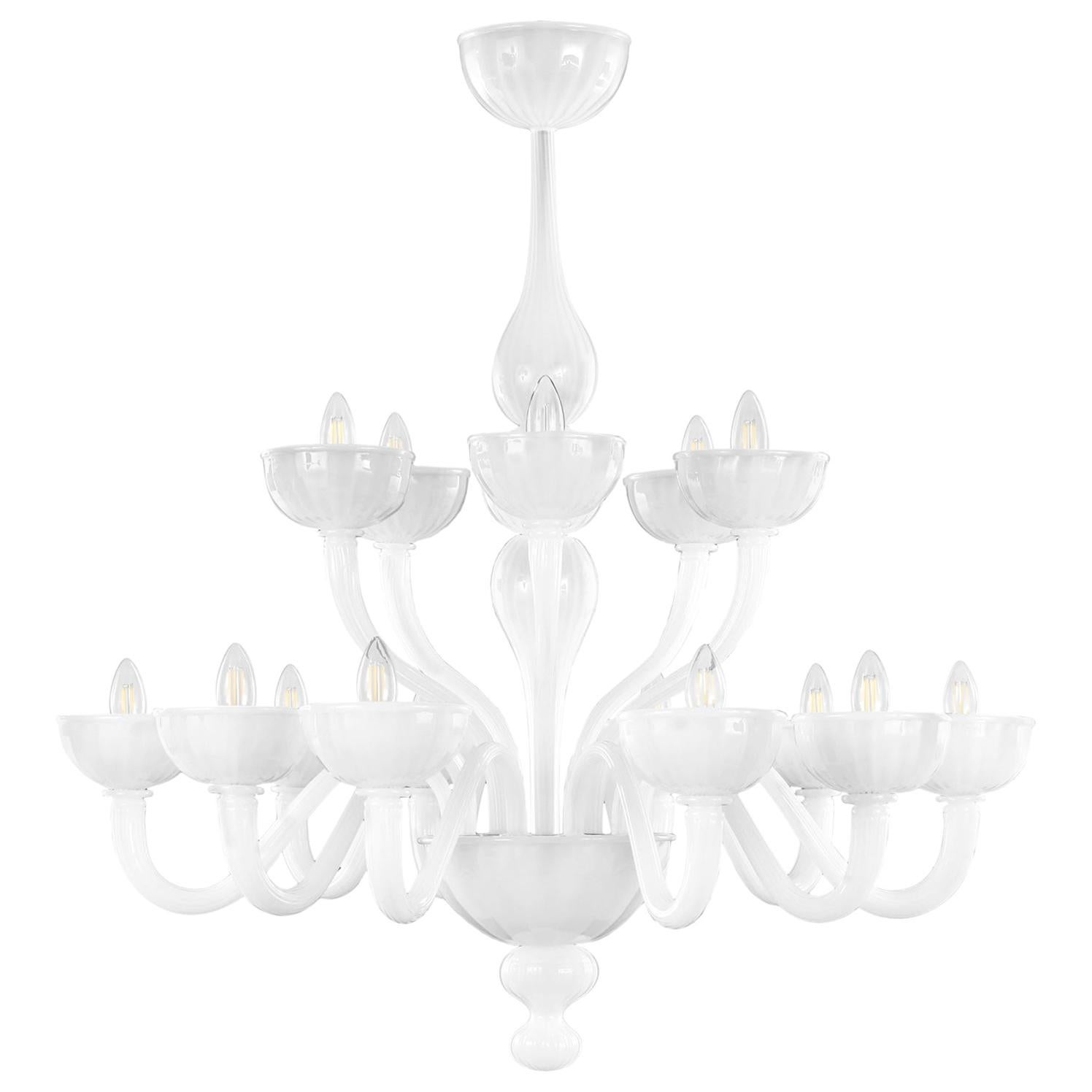 Rigadin Chandelier 10+5 arms White Silk Murano Glass Edgar by Multiforme