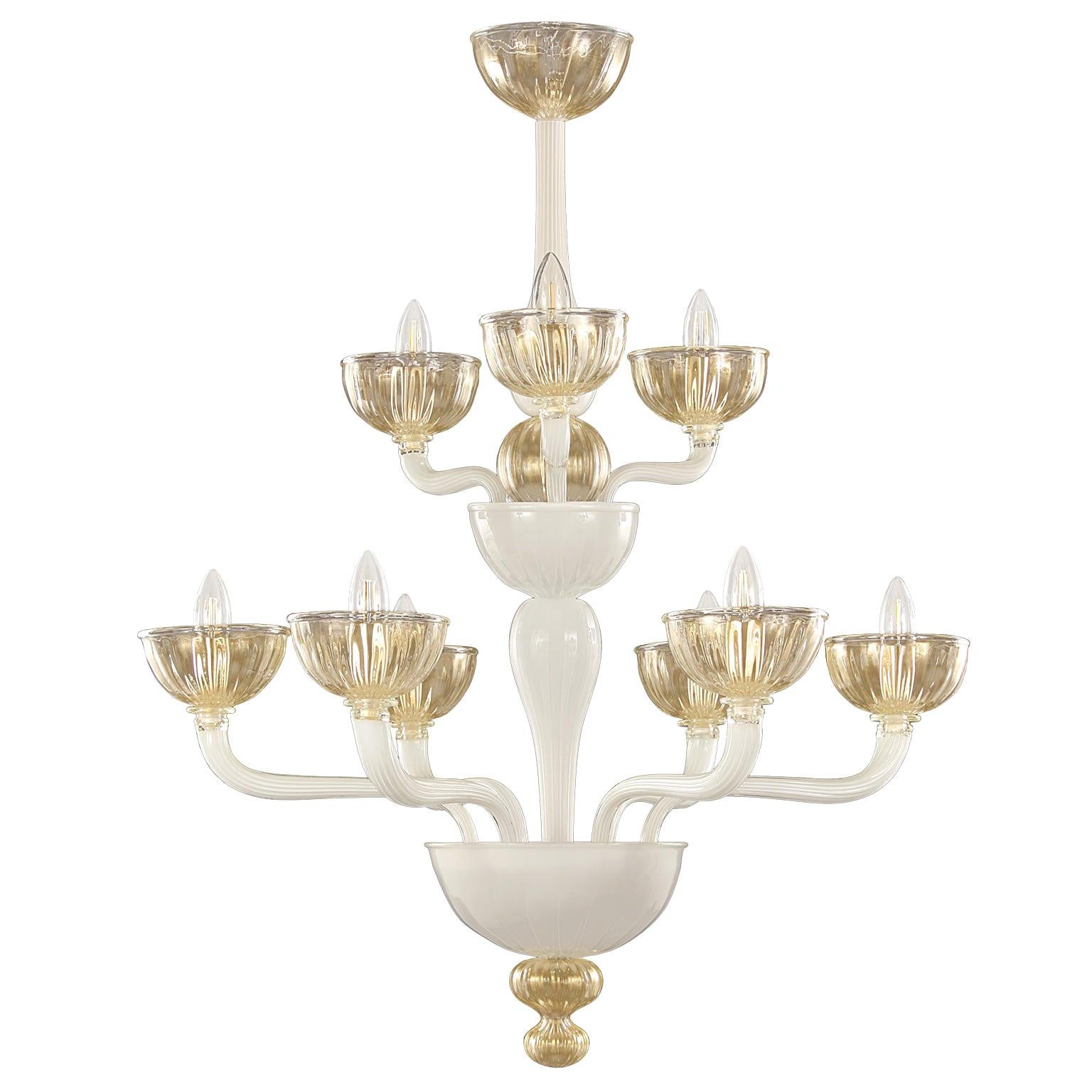 Chandelier 6+3 arms White Rigadin Glass Gold Details by Multiforme  For Sale