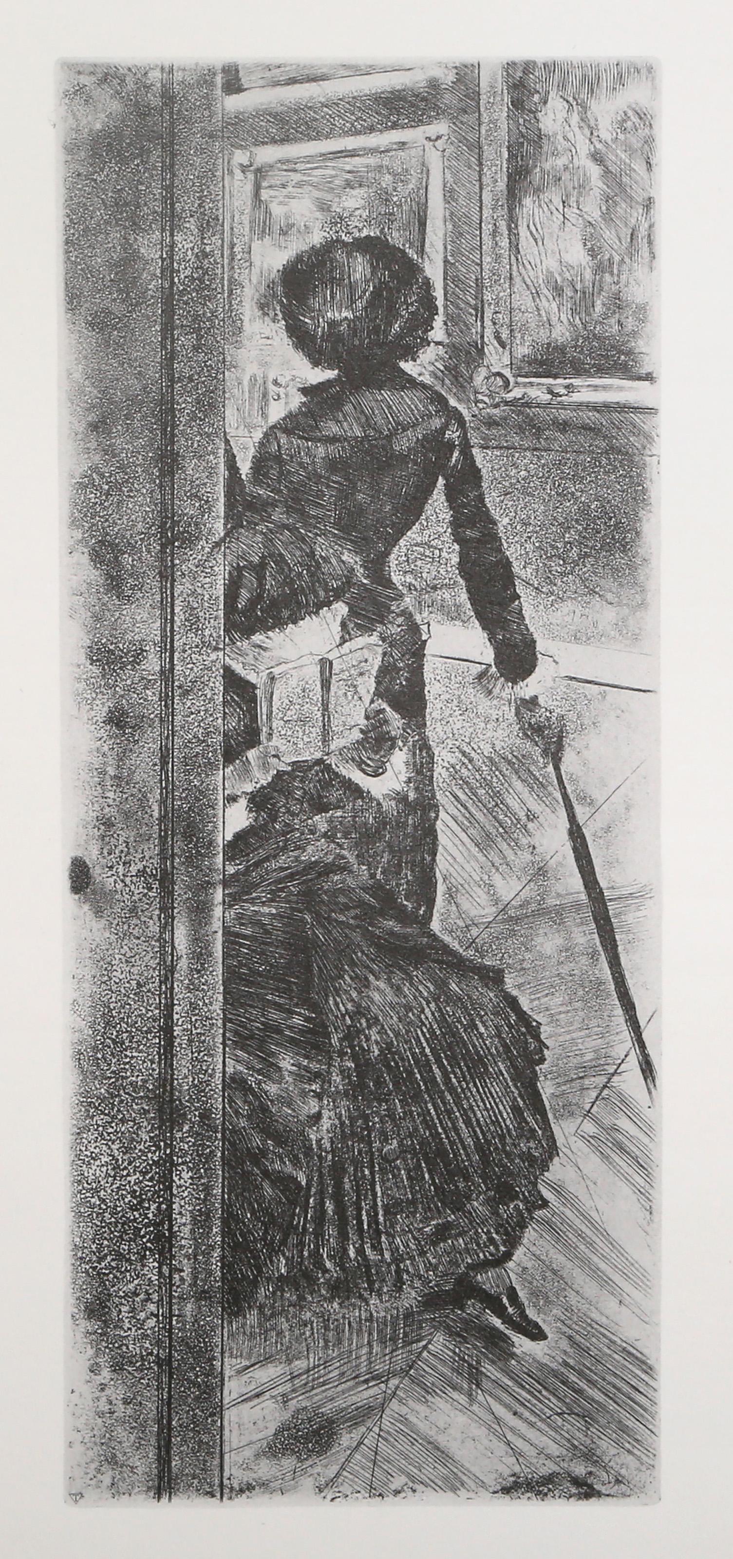 Edgar Degas, Nach, Französisch (1834 - 1917) - Au Louvre: La Peinture (Mary Cassatt), Mappe:  Vierundzwanzig Meisterwerke der grafischen Kunst, Jahr:  Jahr gedruckt 1974, Medium:  Lichtdruck, Bildgröße:  12,5 x 5 Zoll, Größe:  17 x 14 in. (43,18 x