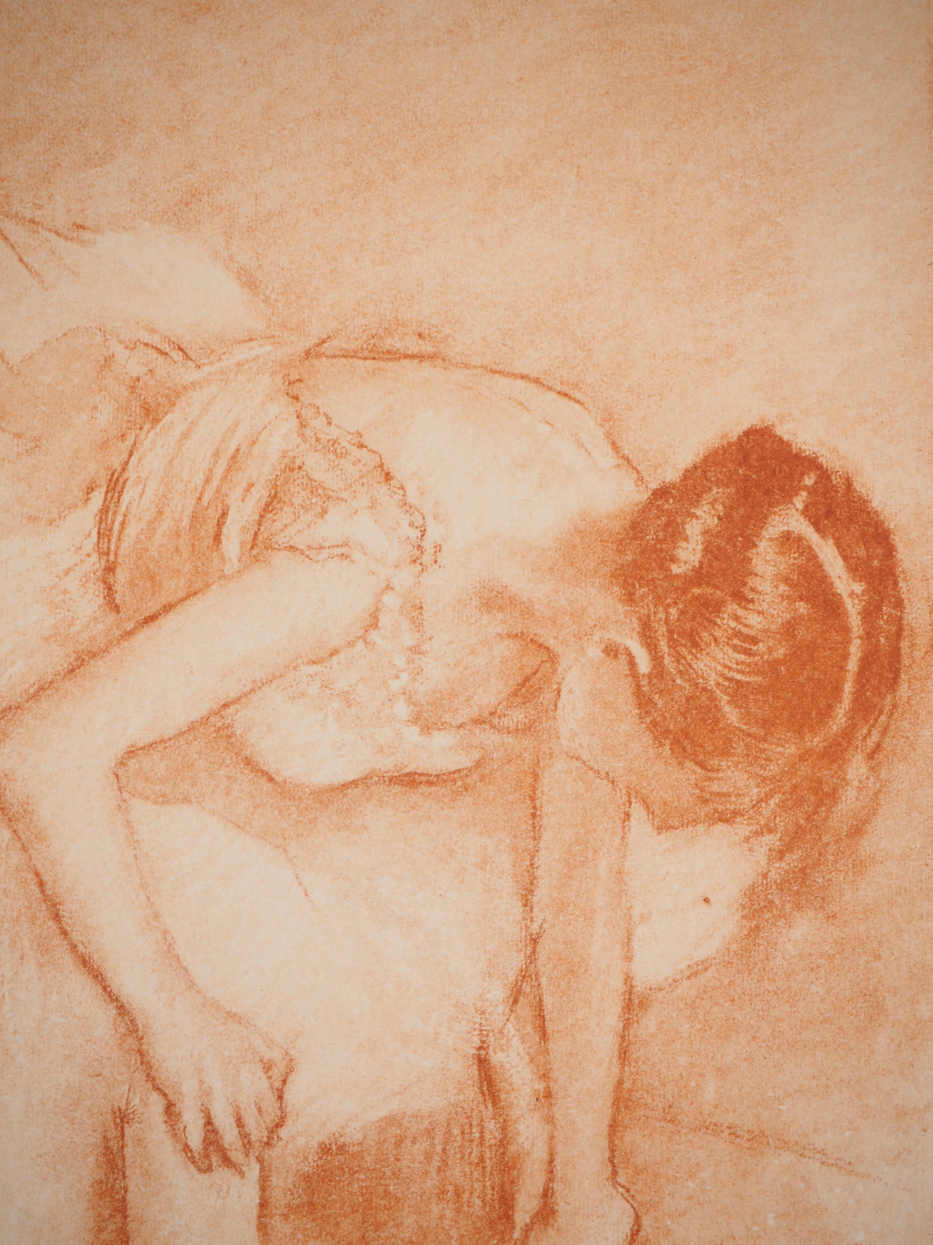 Bailarina poniéndose la zapatilla - Aguafuerte - Figurative Print Beige de Edgar Degas