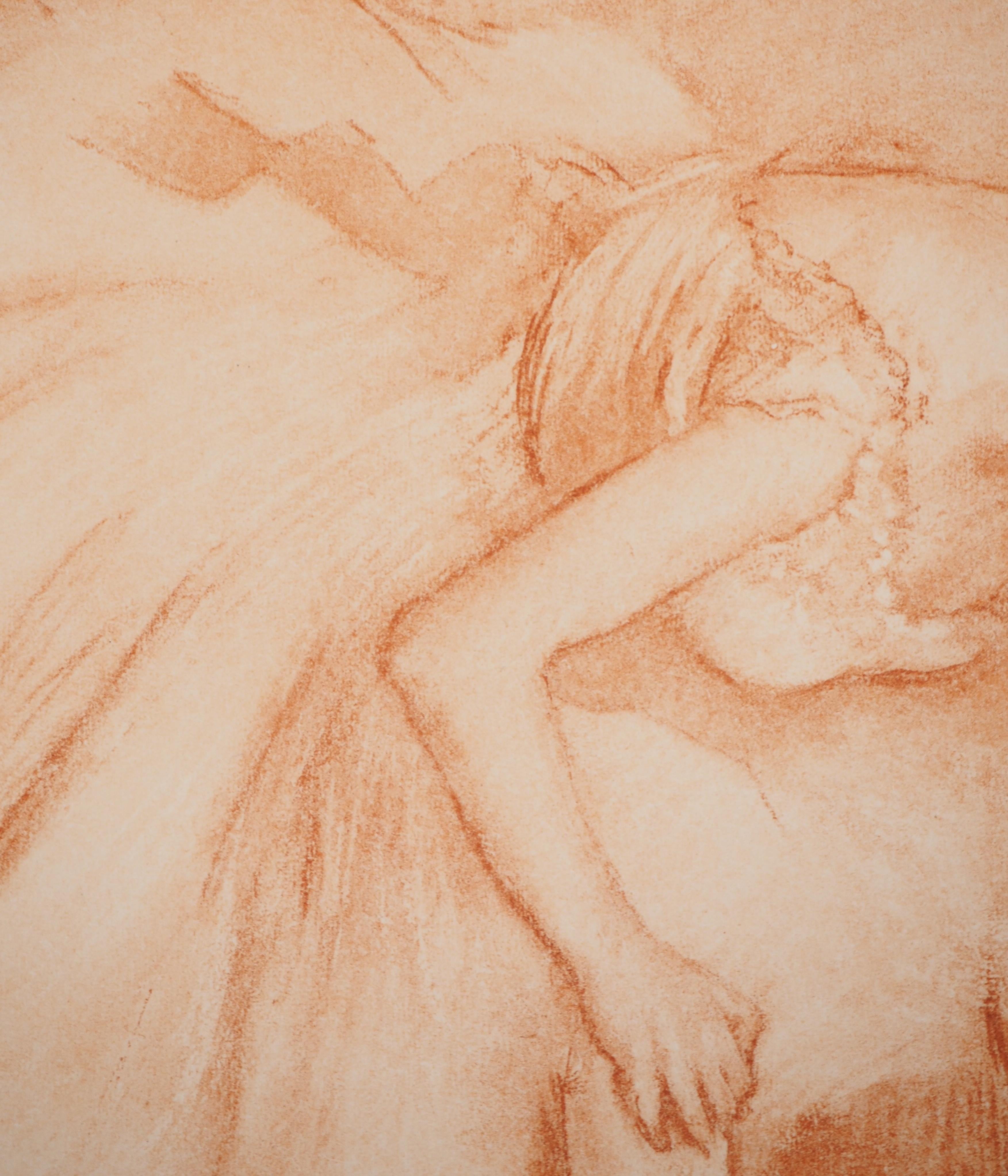 Edgar DEGAS (1834-1917)
Tänzerin, die ihren Pantoffel anzieht (Tänzerin, die ihren Brodequin bindet)

Heliogravüre nach einem Pastell des Künstlers
Gestochen von J. Chauvet
In der Platte signiert
Auf Vellum, 50 x 38 cm (ca. 20 x 15