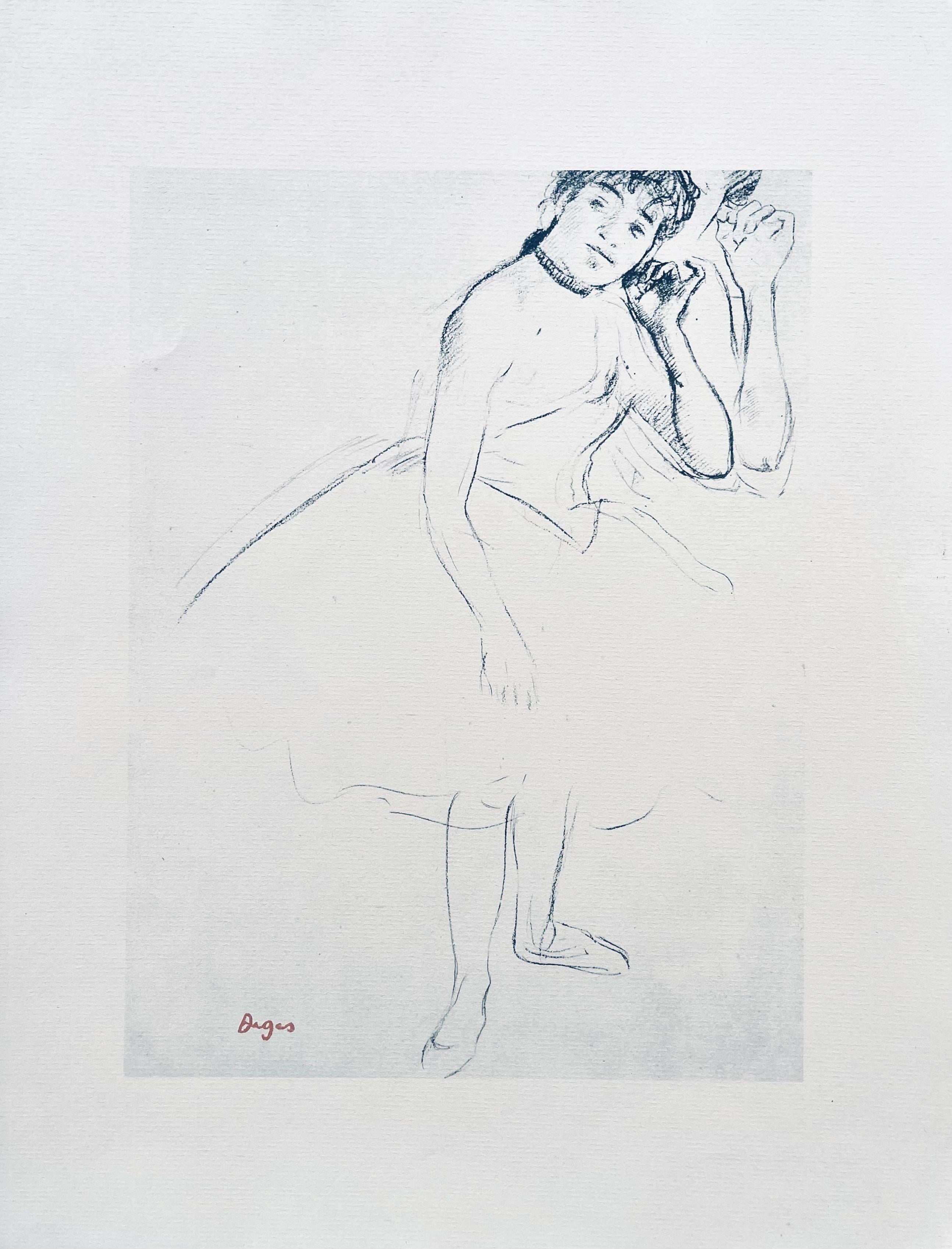 Dega, Danseuse touchant sa boucle d'oreille, Dix esquisses de ballets (d'après) - Gris Figurative Print par Edgar Degas