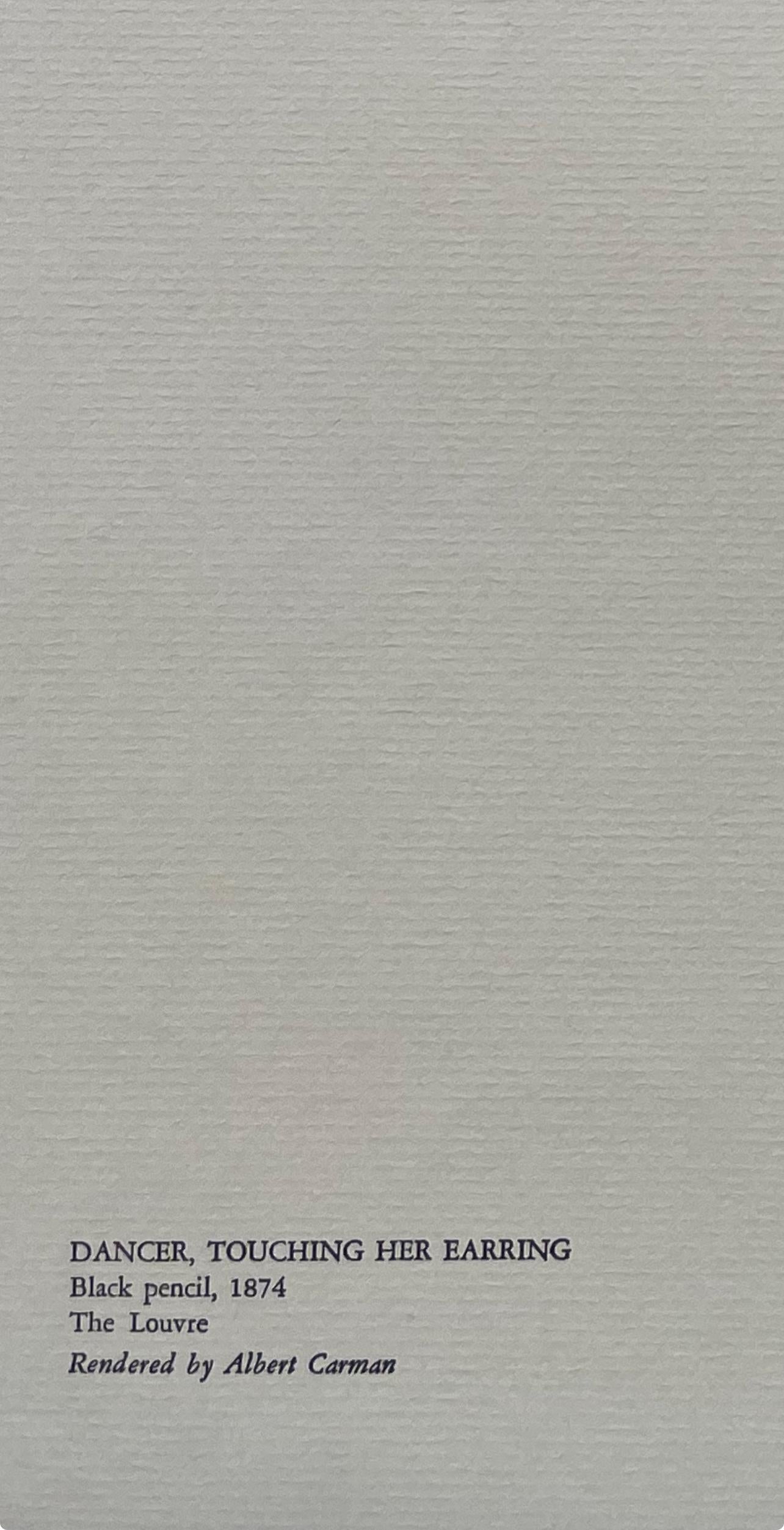 Lithographie auf Velin.  In der Platte signiert und nicht nummeriert, wie ausgegeben. Guter Zustand; nie gerahmt oder mattiert. Anmerkungen: Aus dem Folio, Degas, A Portfolio Of 10 Reproductions, Ten Ballet Sketches, 1945. Gezeichnet von Albert