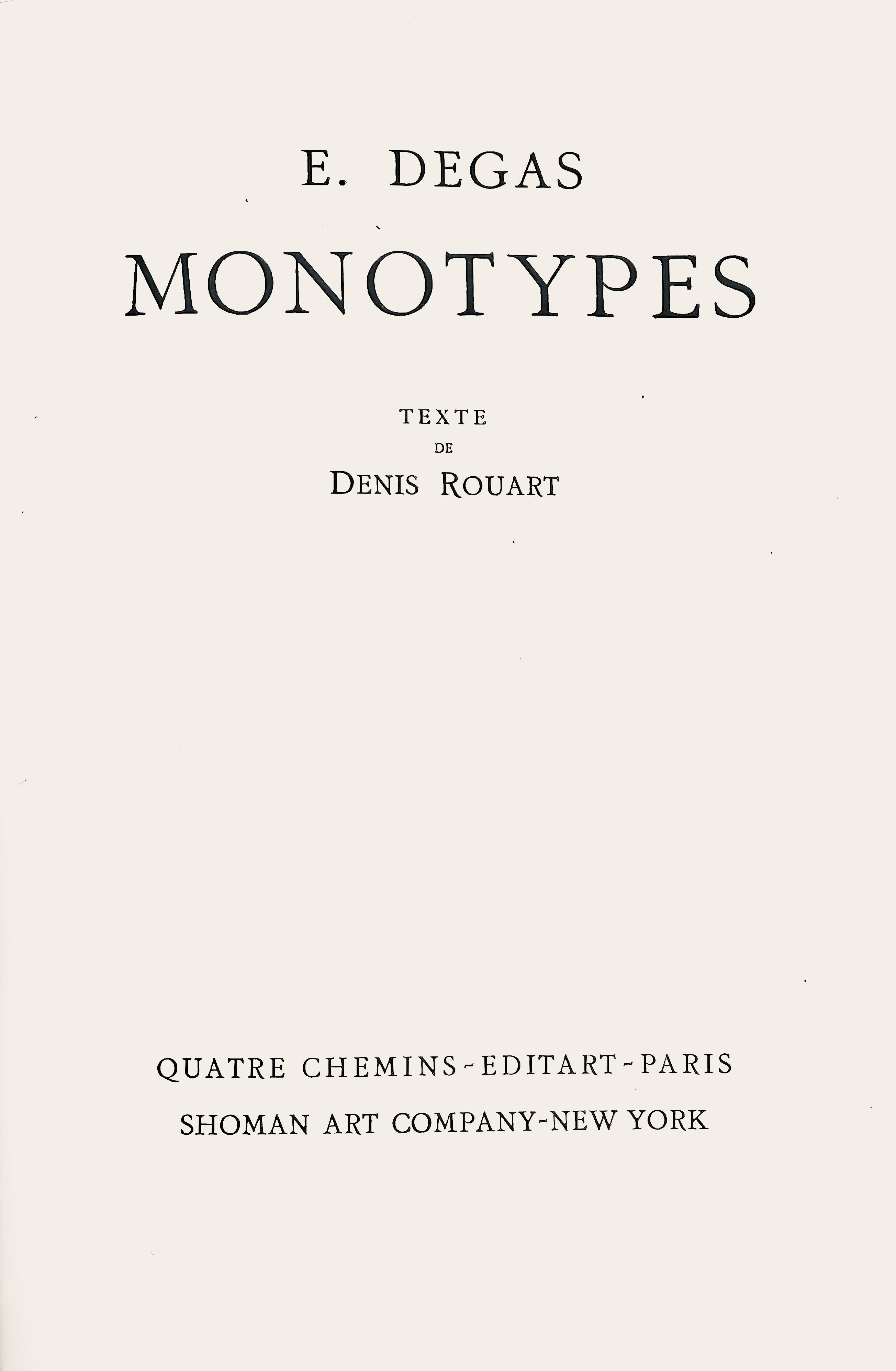 Medium: Engraving on vélin du Marais paper
Year: 1948
Paper Size: 12.25 x 9.125 inches; image size 8.5 x 6.375 inches
Inscription: Unsigned and unnumbered, as issued
Notes: From the volume, E. Degas Monotypes, 1948. Published by Quatre