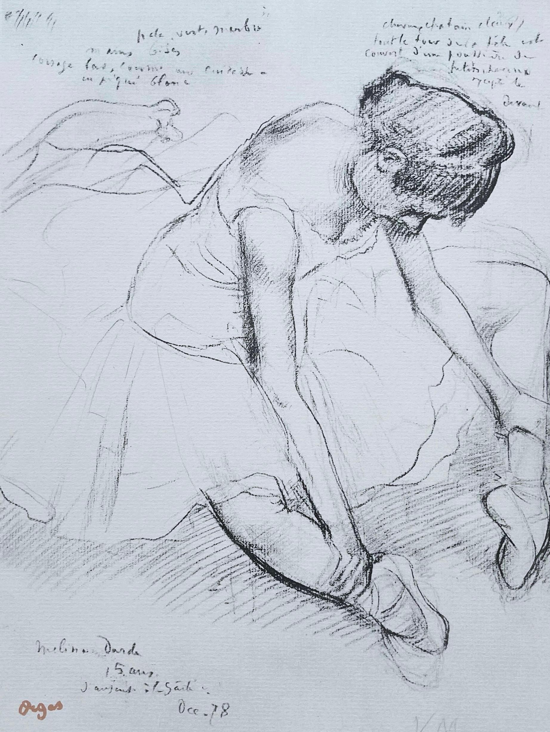 This exquisite lithograph after Edgar Degas (1834–1917), titled Melina Darde, originates from the 1945 folio Degas, Ten Ballet Sketches. Published by The Studio Publications, Inc., New York, rendered and printed by Albert Carman, City Island, 1945,