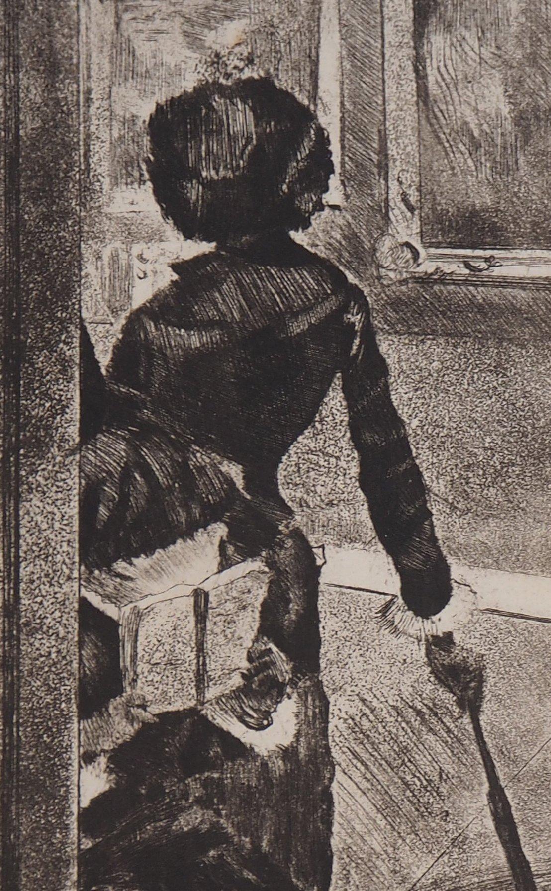 Mary Cassatt at the Louvre Museum - Original etching (Delteil #29) - Gray Figurative Print by Edgar Degas