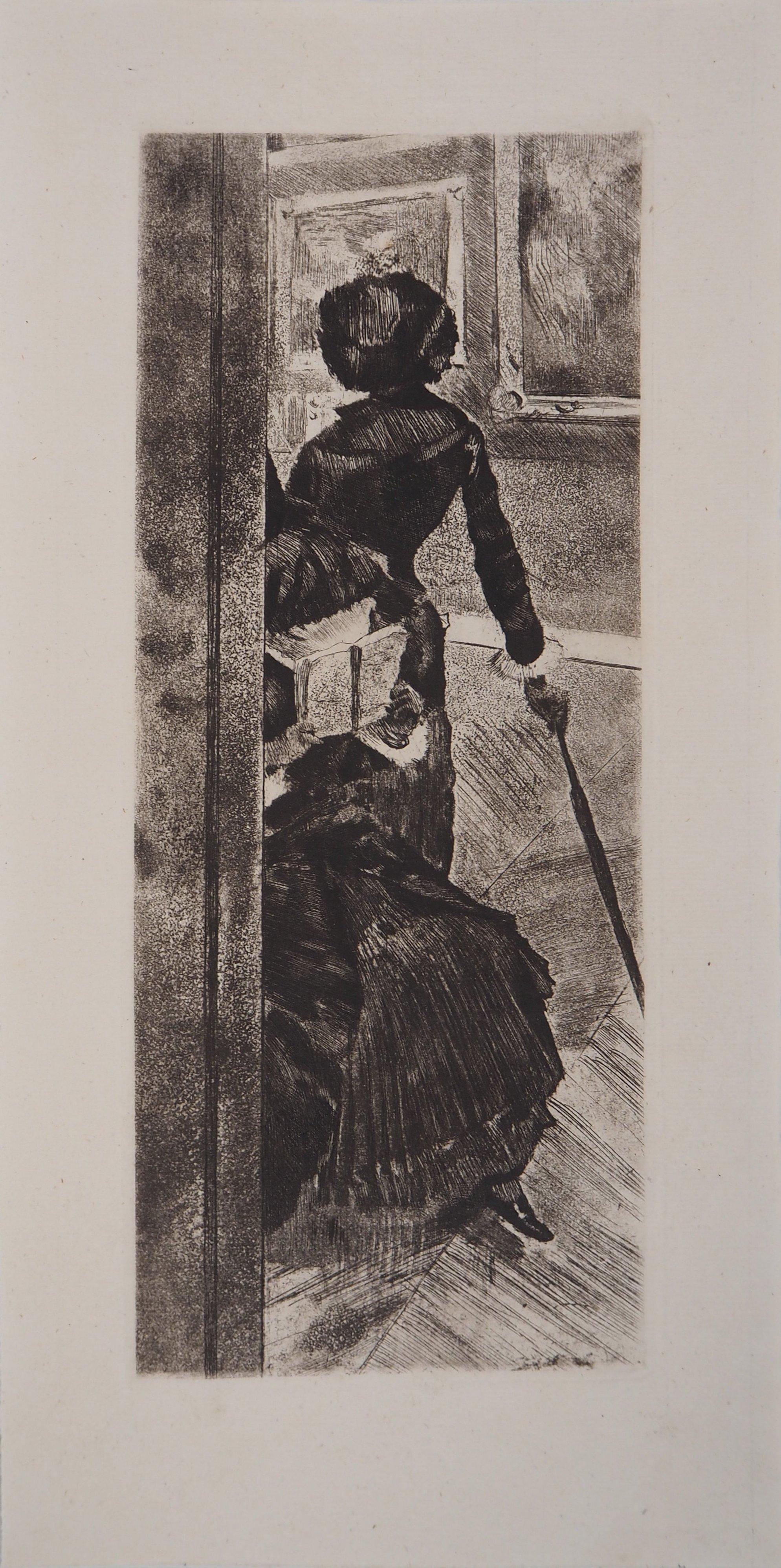 Edgar Degas Figurative Print - Mary Cassatt at the Louvre - Original etching (Delteil #29)