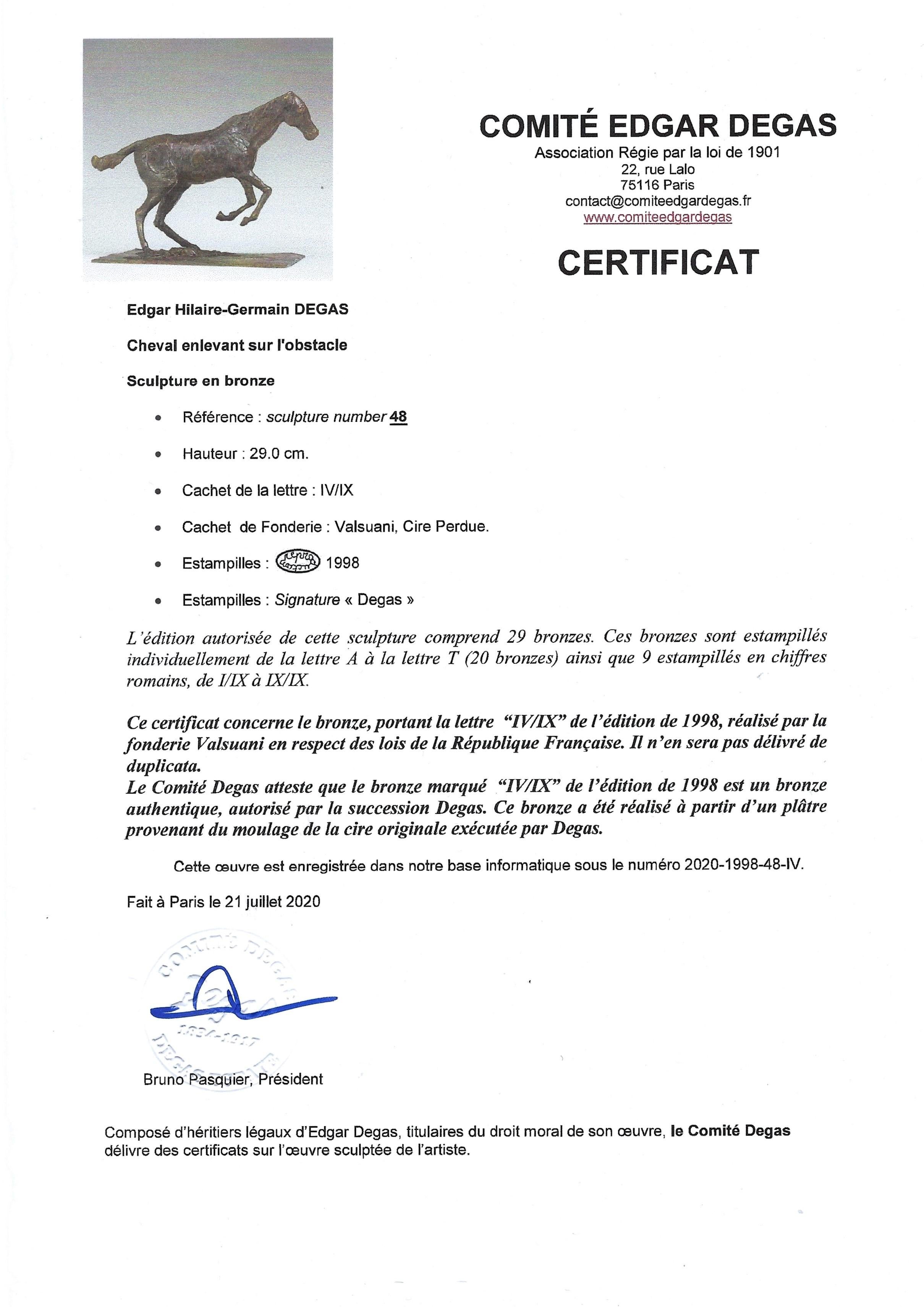 Edgard Dega : Cheval franchissant un obstacle (œuvre 48 /certifiée par le Comité Degas) en vente 1