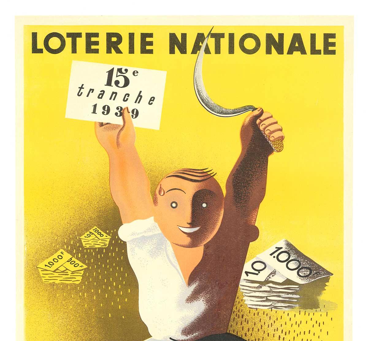 Poster francese d'epoca originale MOISSONS (raccolto) Loterie Nationale 1939 - Print di Edgar Derouet