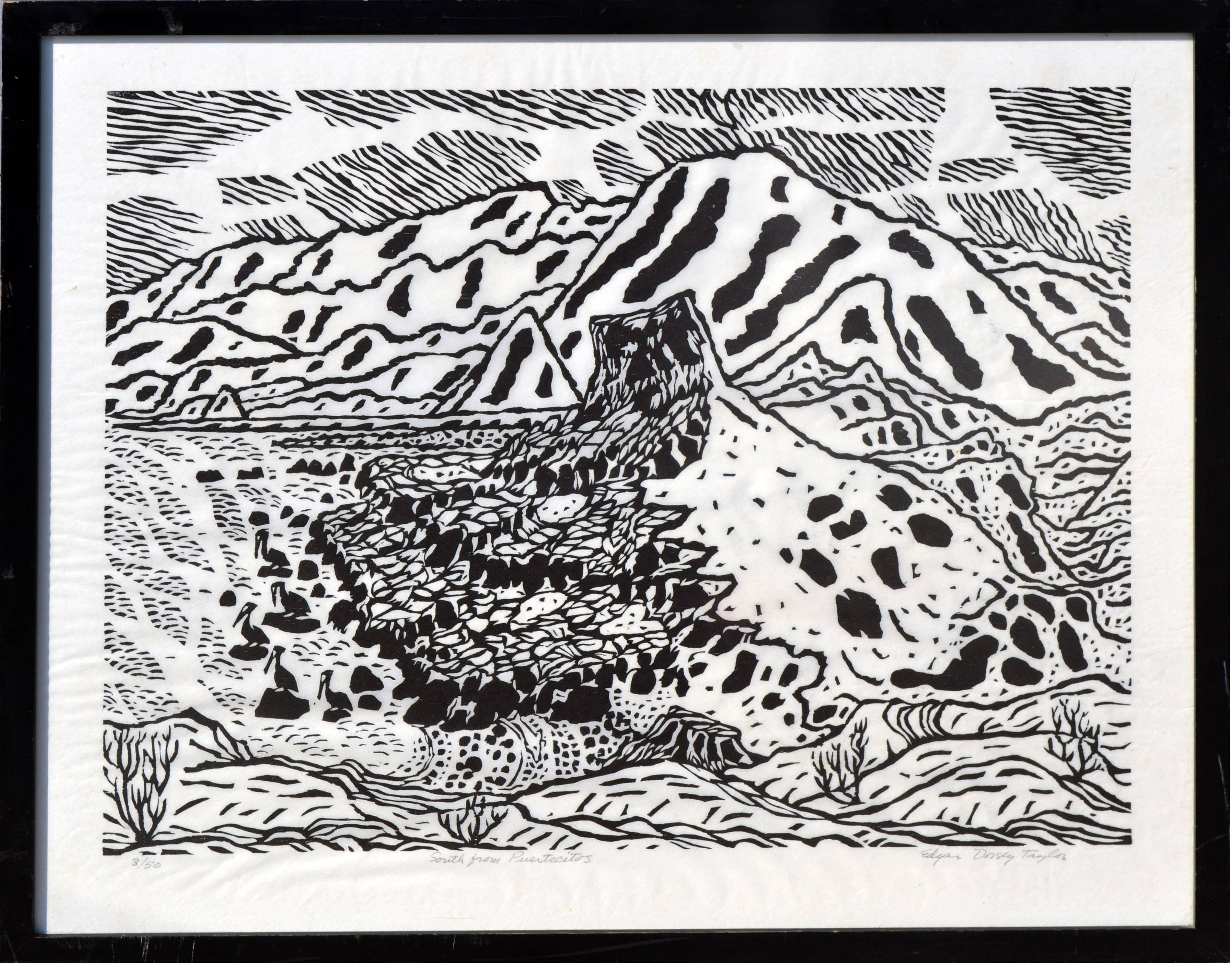 "South from Puertecitos" Mid Century Abstracted Landscape, Woodcut on Paper