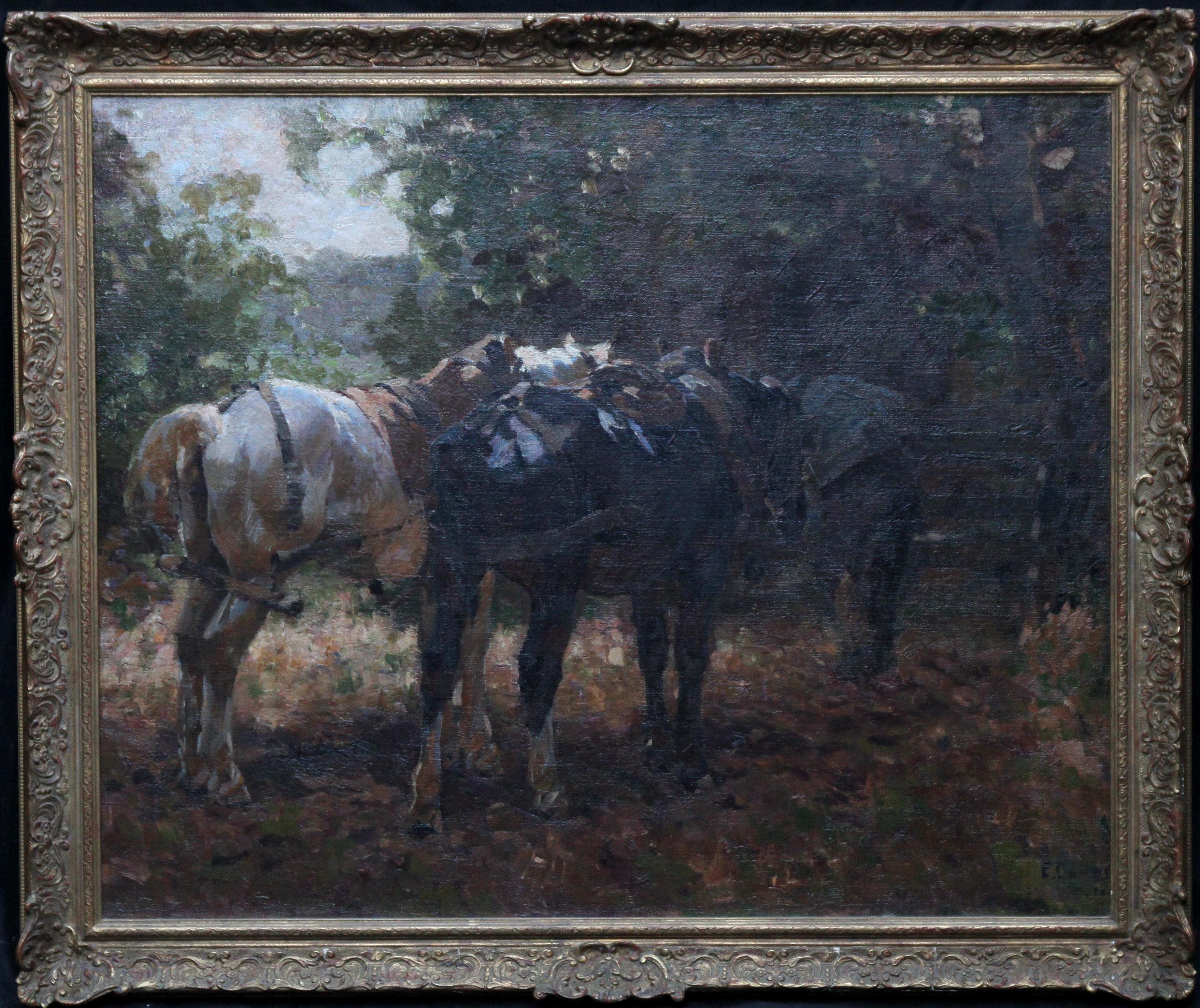 Horses at the Gate - British 1912 Post Impressionist equine art exh oil painting For Sale 5