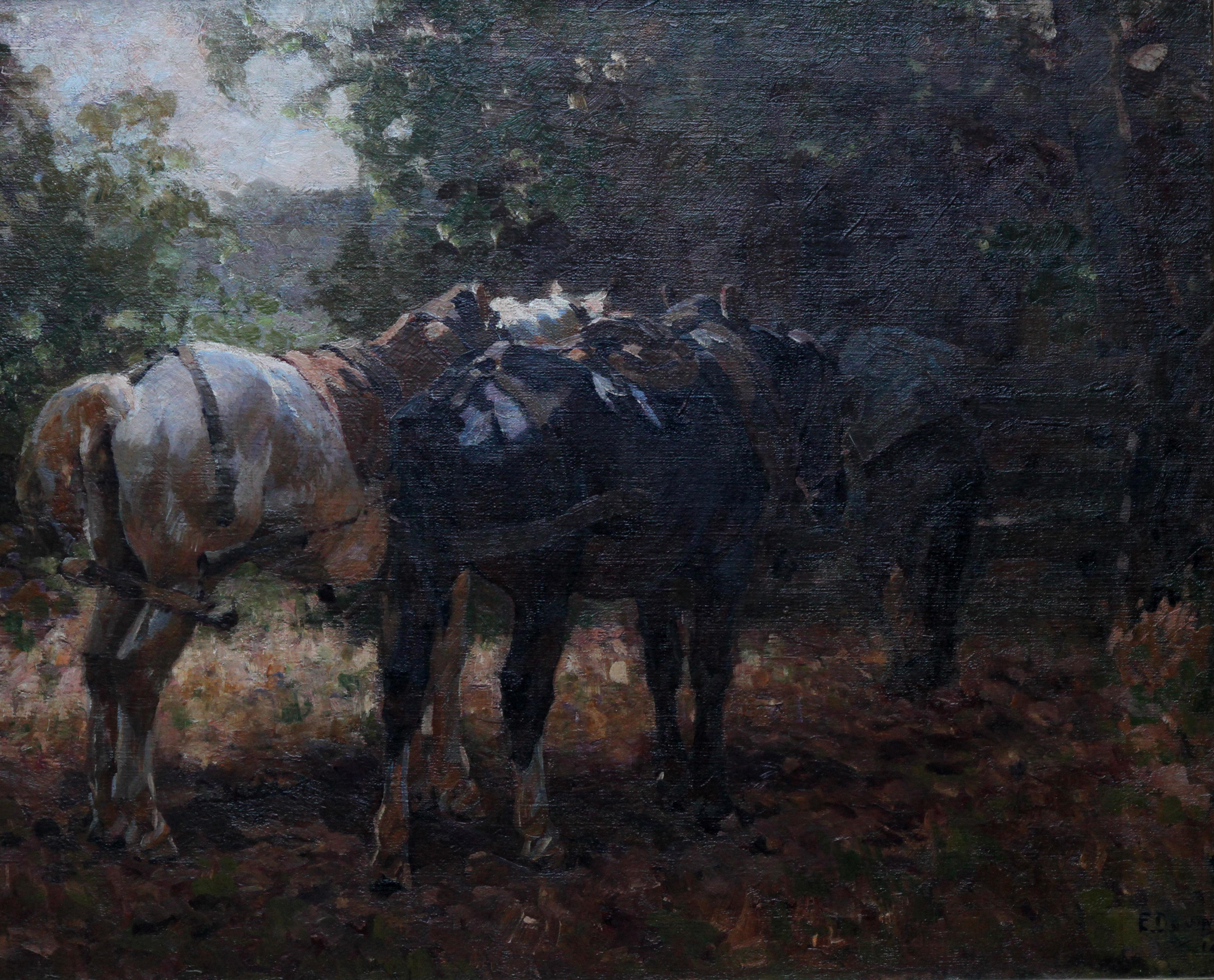 Horses at the Gate - British 1912 Post Impressionist equine art exh oil painting - Painting by Edgar Downs