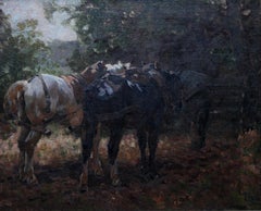 Horses at the Gate - British 1912 Post Impressionist equine art exh oil painting