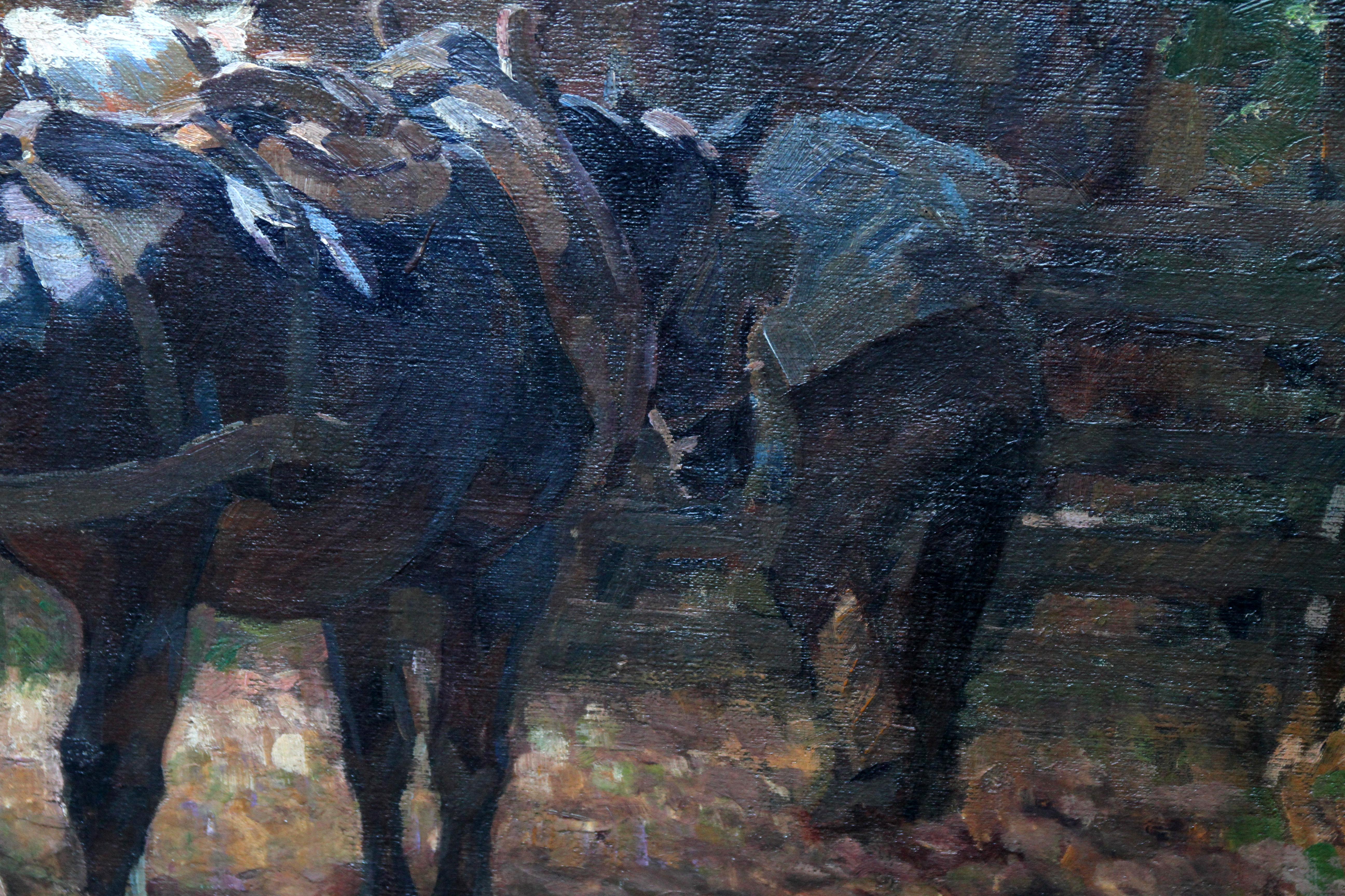 Horses at the Gate - British 1912 Post Impressionist equine art exh oil painting - Post-Impressionist Painting by Edgar Downs