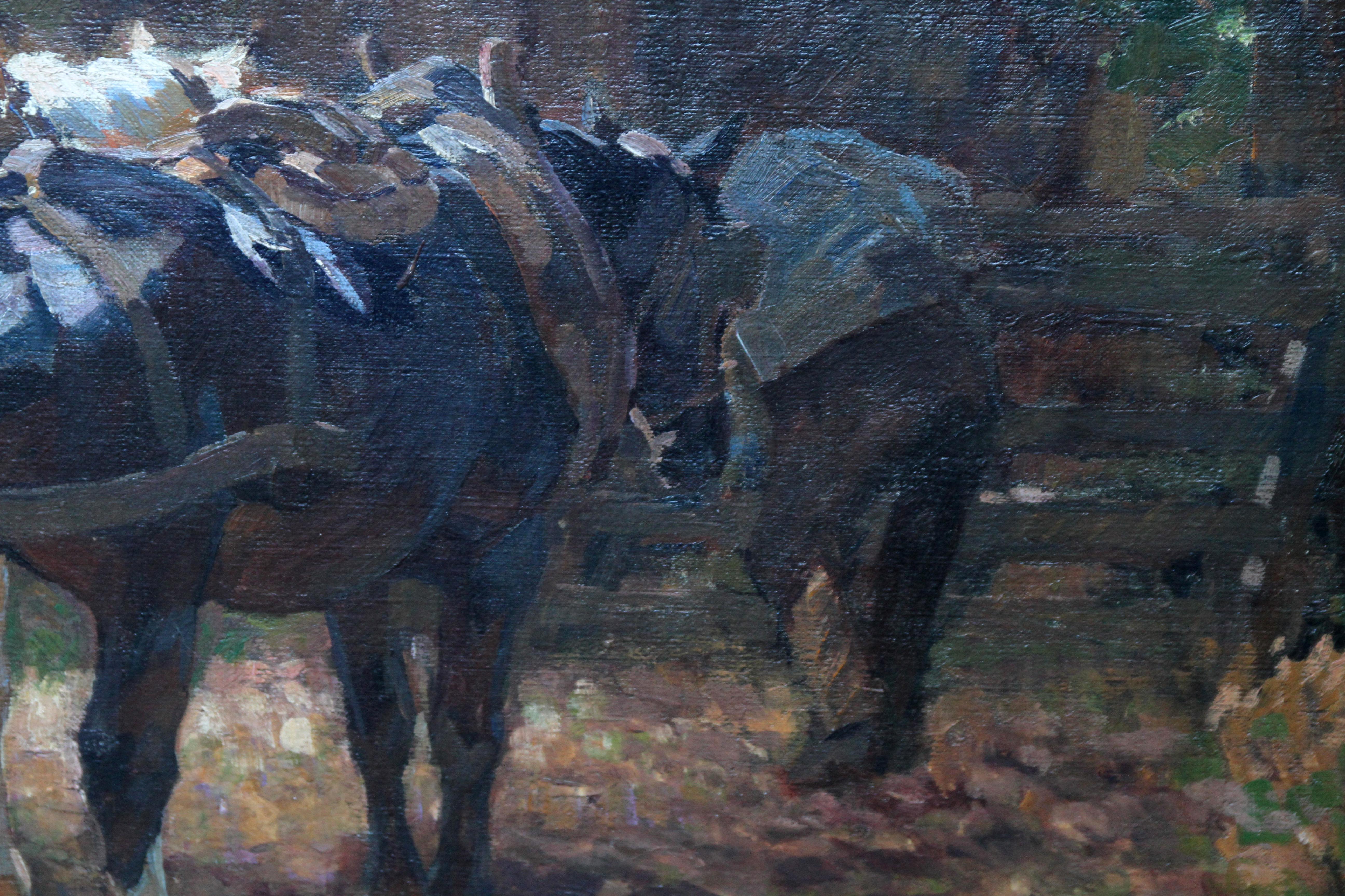 Horses at the Gate - British 1912 Post Impressionist equine art exh oil painting - Post-Impressionist Painting by Edgar Downs