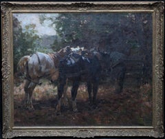 Antique Horses at the Gate - British 1912 Post Impressionist equine art exh oil painting