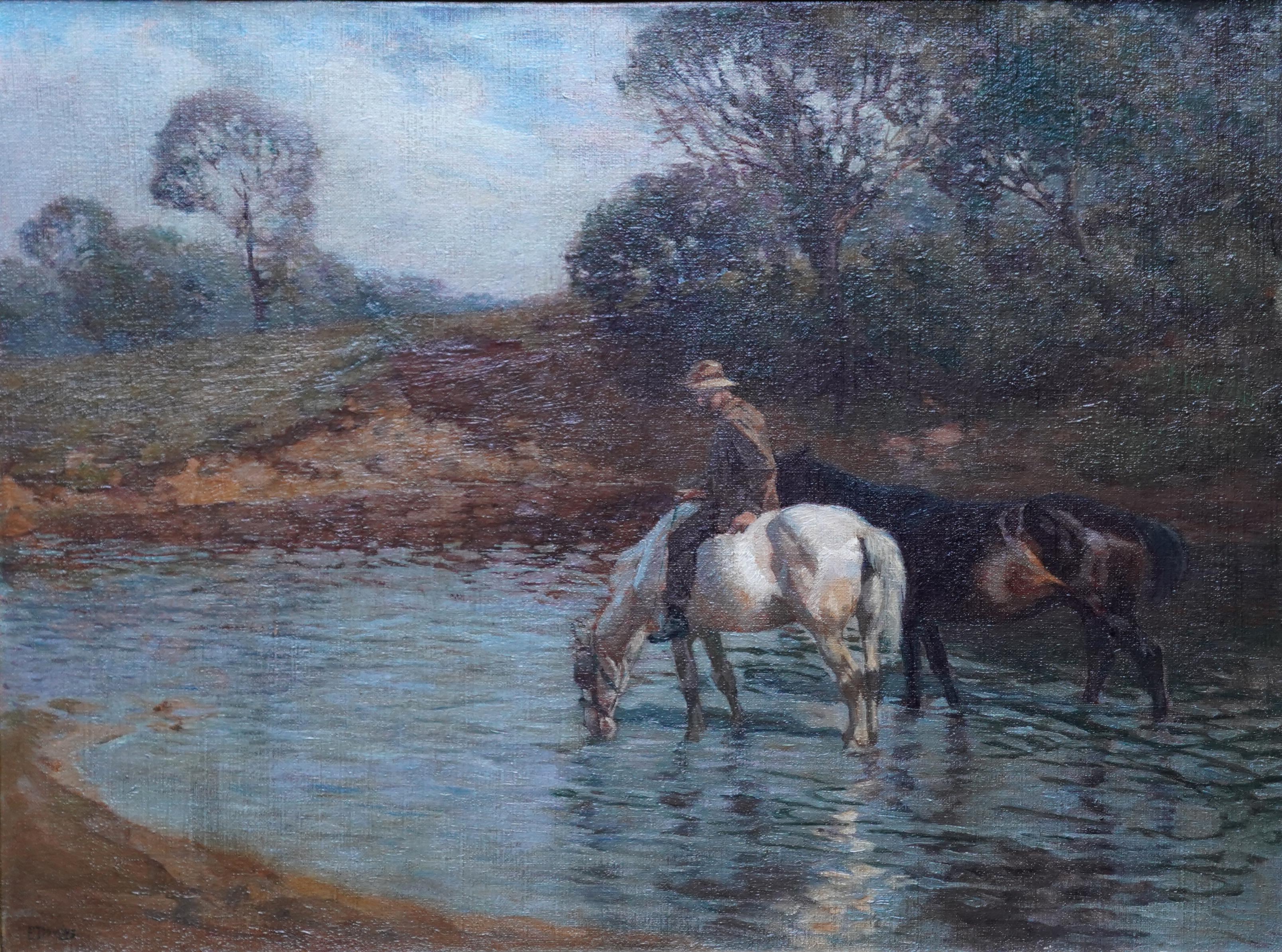 Watering the Horses - British 1914 Impressionist art landscape oil painting - Painting by Edgar Downs