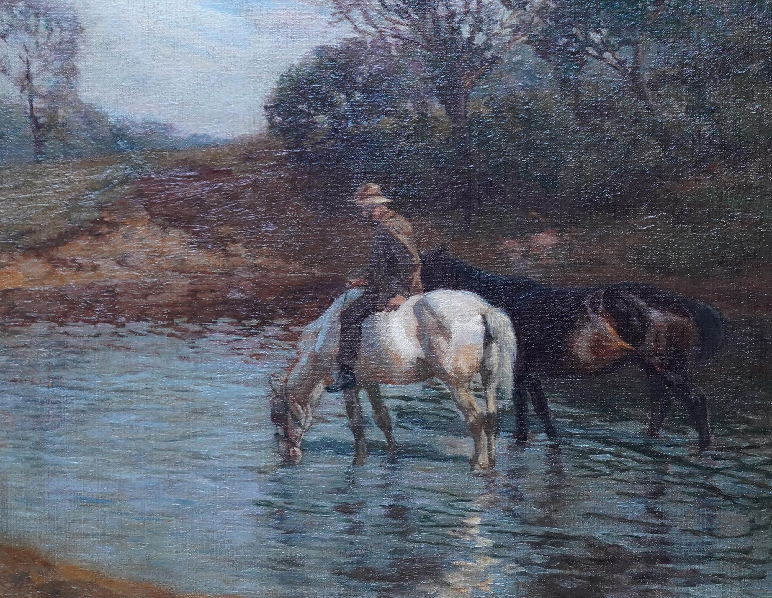 This lovely British Impressionist landscape oil painting is by noted exhibited artist Edgar Downs ROI. Painted circa 1914 it is a summer's landscape with two beautiful horses watering in the foreground with a rider on the white horse. The location