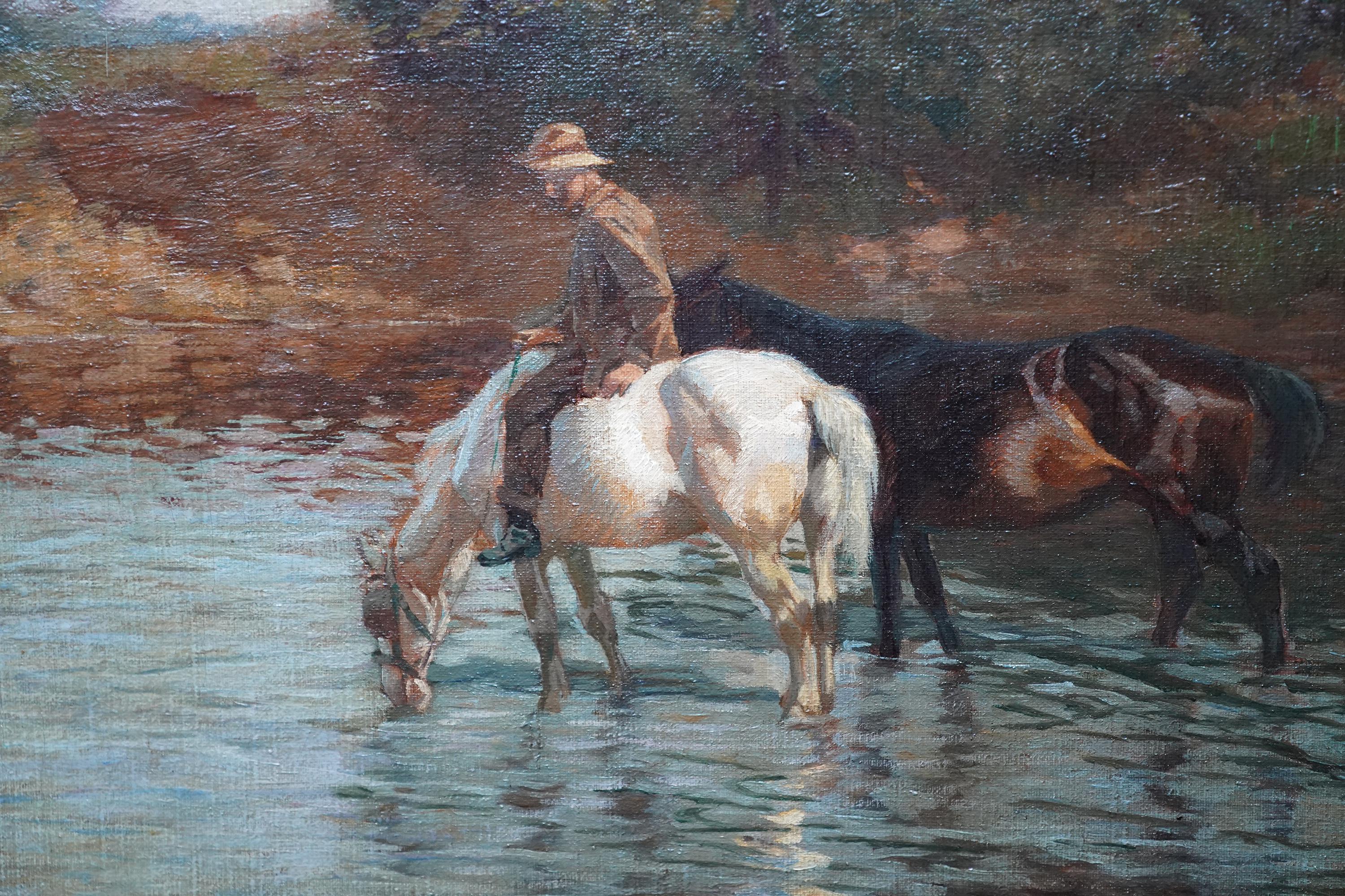 Watering the Horses - British 1914 Impressionist art landscape oil painting 1
