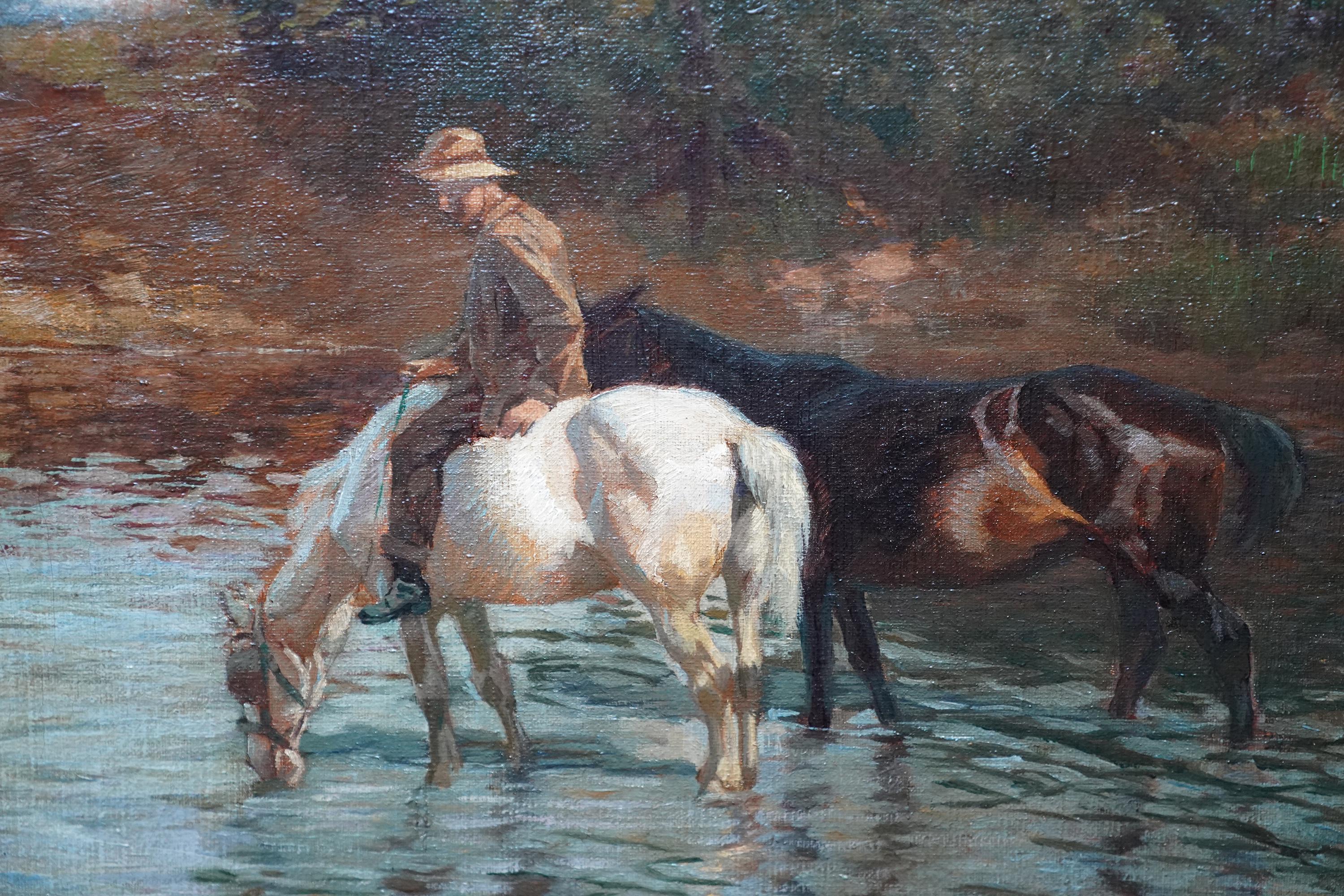 Watering the Horses - British 1914 Impressionist art landscape oil painting 2