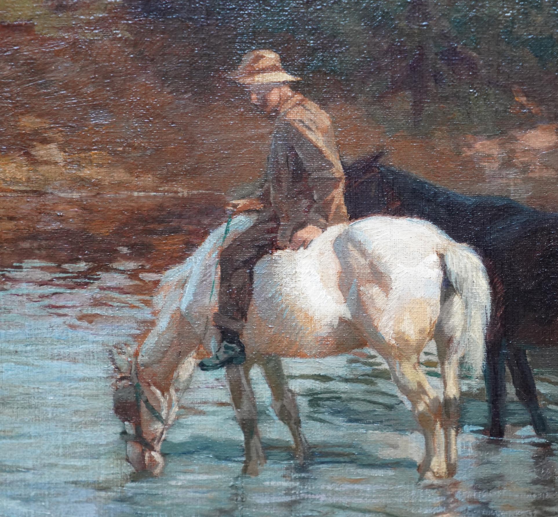 Watering the Horses - British 1914 Impressionist art landscape oil painting 3