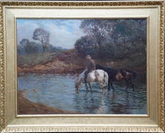 Antique Watering the Horses - British 1914 Impressionist art landscape oil painting