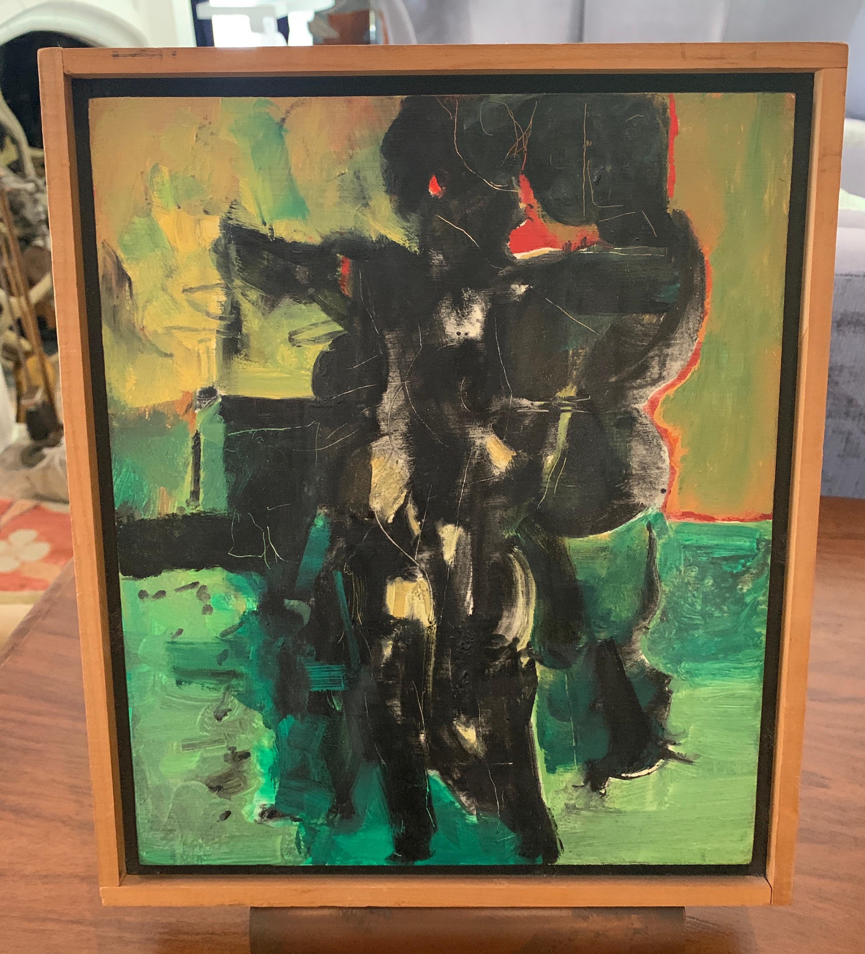 Huile sur gesso d'Edgar L. Ewing, peinte en 1957, intitulée ICON

Né à Hartington, dans le Nebraska, le 17 janvier 1913, Edgar L.Awing étudie d'abord à l'Art Institute of Chicago sous la direction de Boris Anisfeld. Après avoir obtenu son diplôme