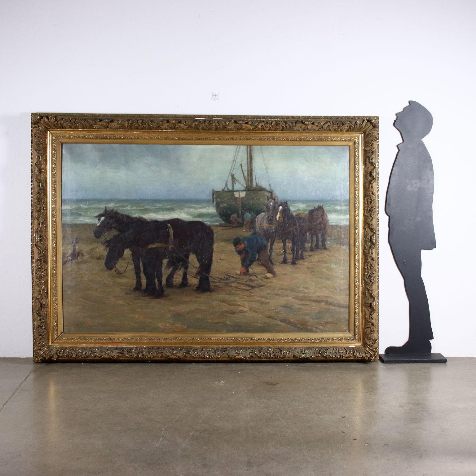 Peinture à l'huile sur toile - Scène de plage, Edgard Farasyn - XXe siècle - Painting de Edgar Farasyn