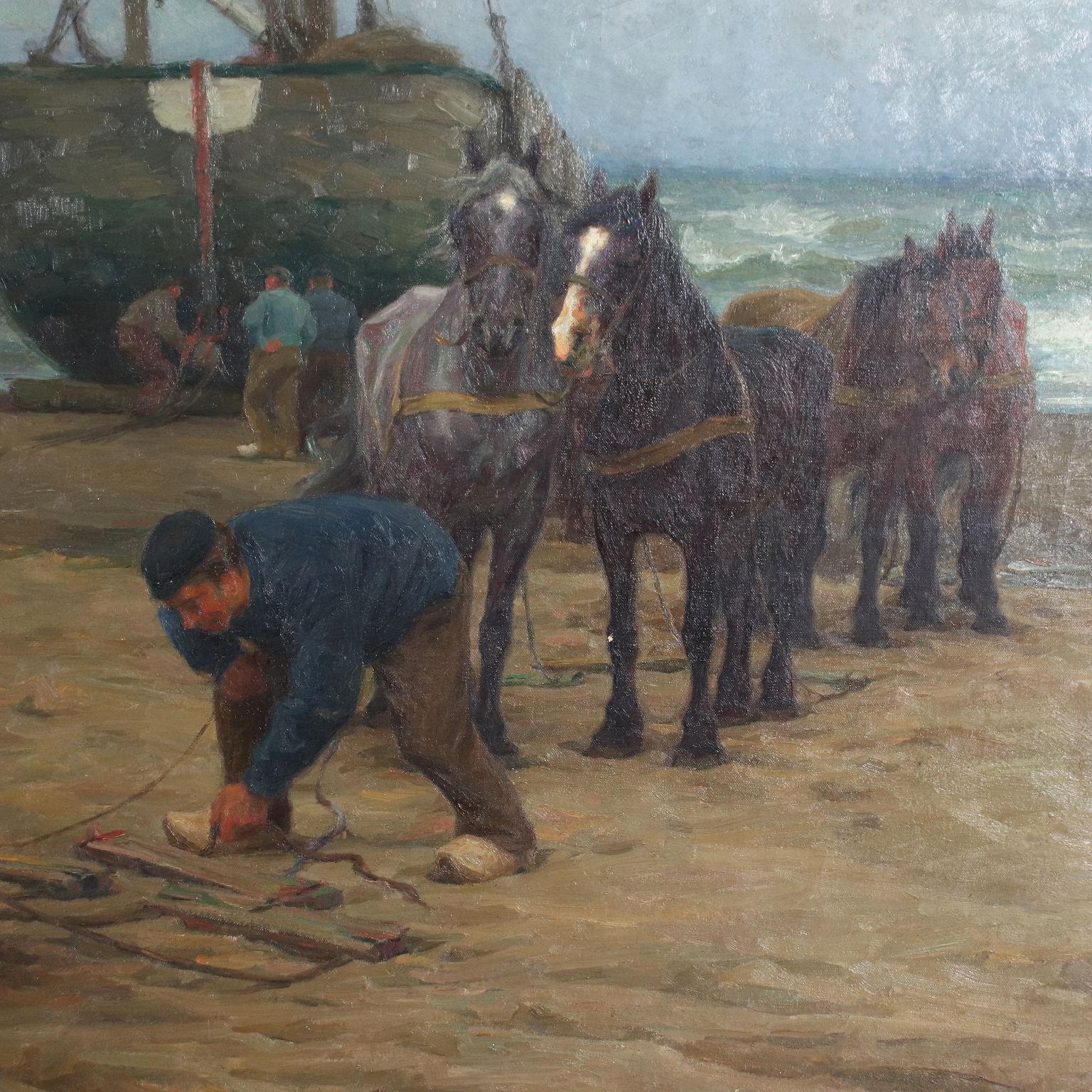 Peinture à l'huile sur toile - Scène de plage, Edgard Farasyn - XXe siècle - Autres styles artistiques Painting par Edgar Farasyn