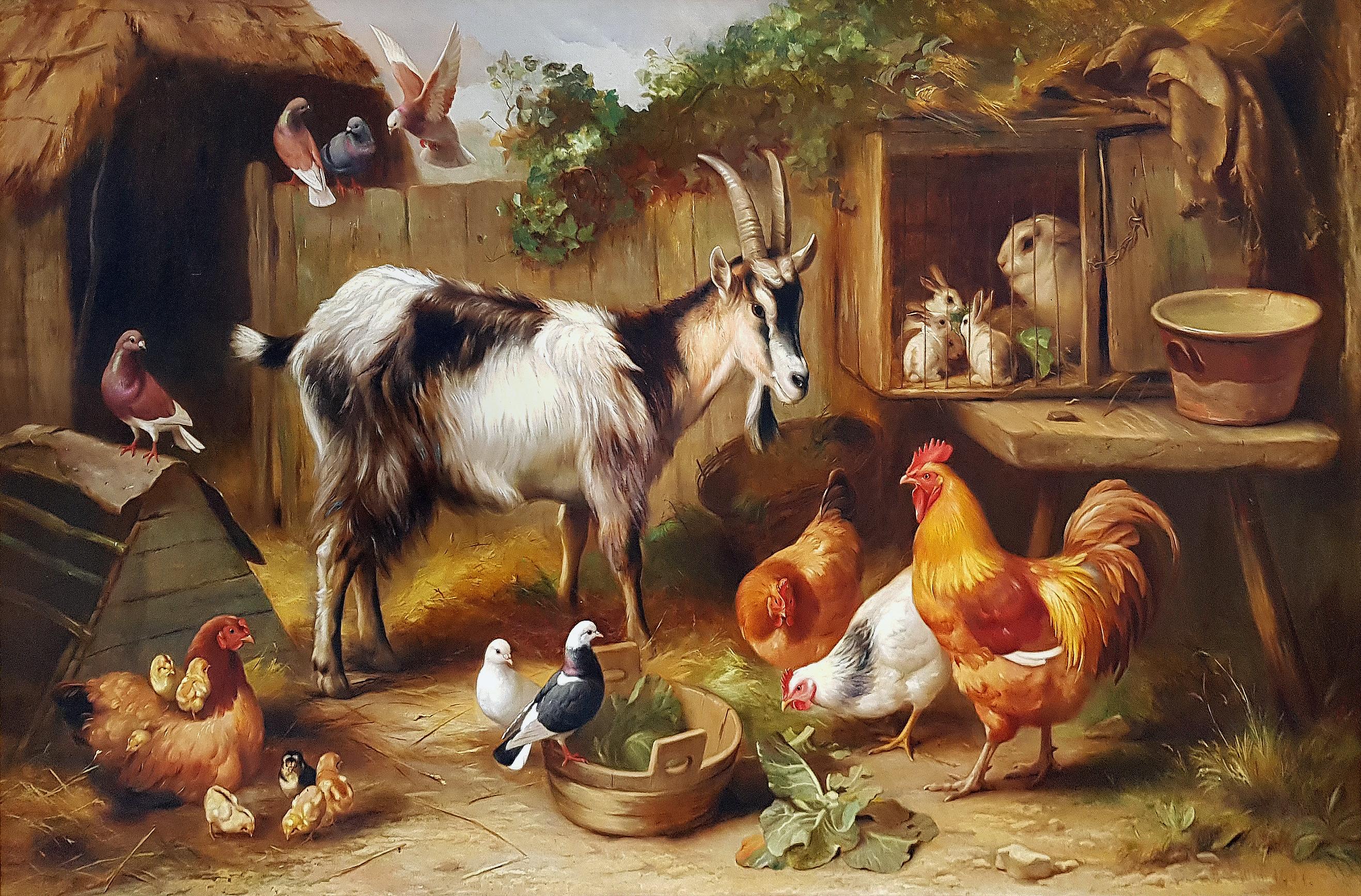 A Farmyard Gathering - Painting by Edgar Hunt