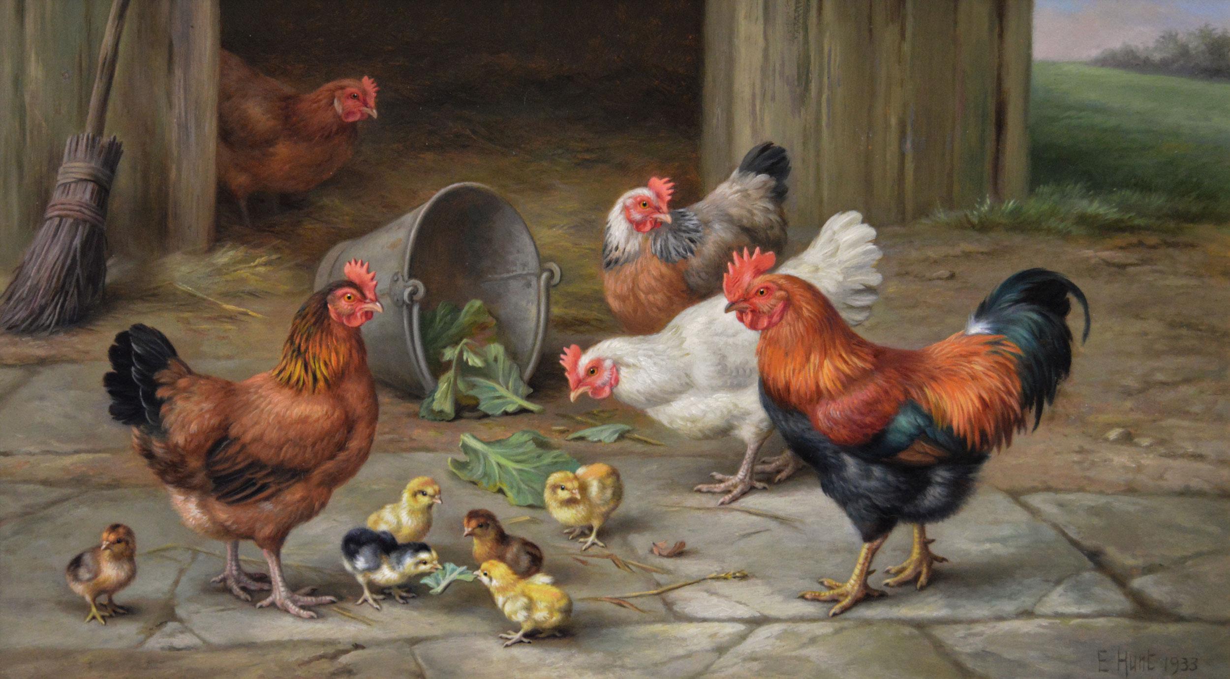 Pintura al óleo animal de un gallo, gallinas y pollitos - Painting de Edgar Hunt
