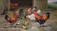 Animal oil painting of a cockerel, chickens & chicks
