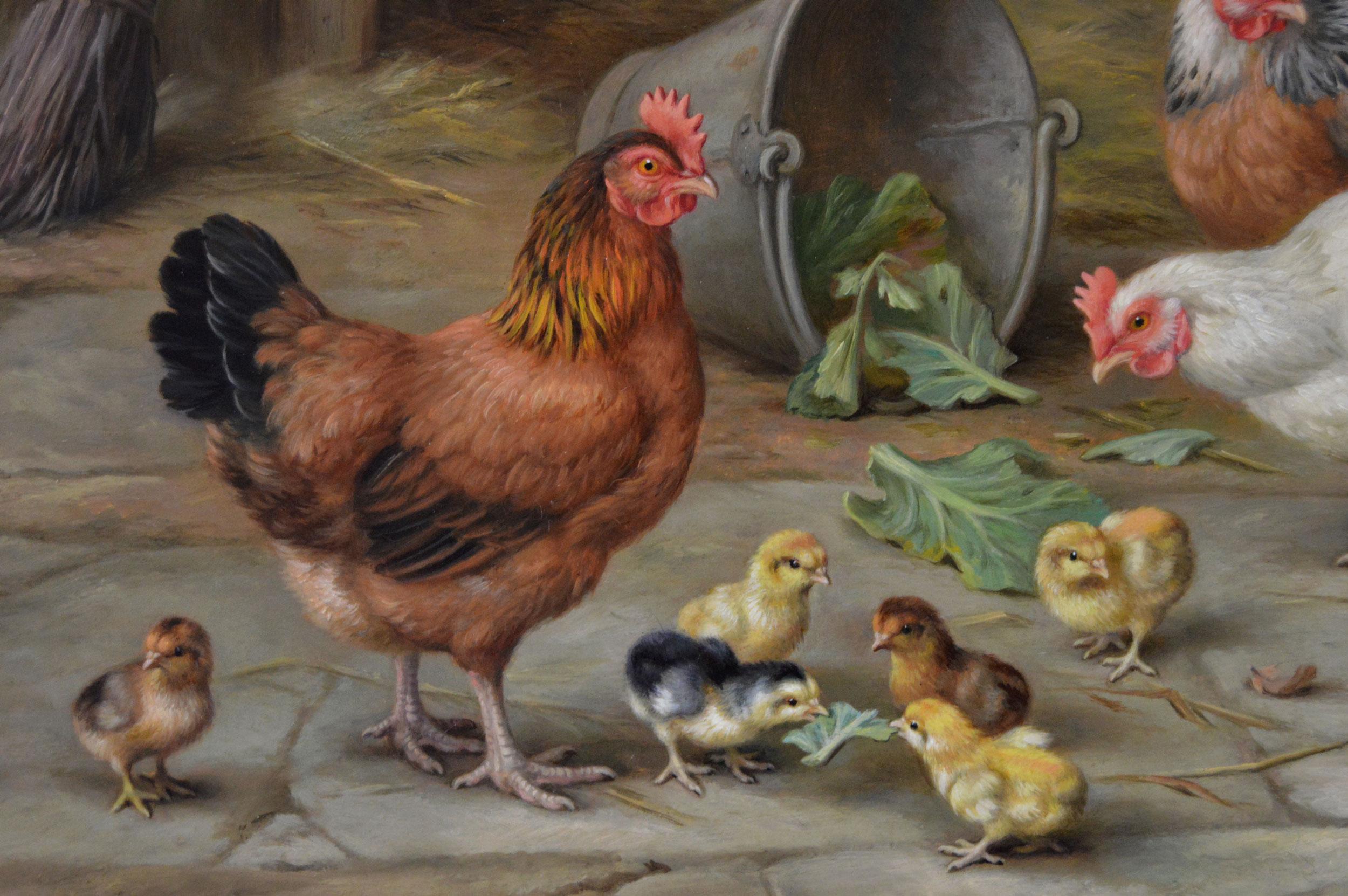 Pintura al óleo animal de un gallo, gallinas y pollitos - Painting Victoriano de Edgar Hunt