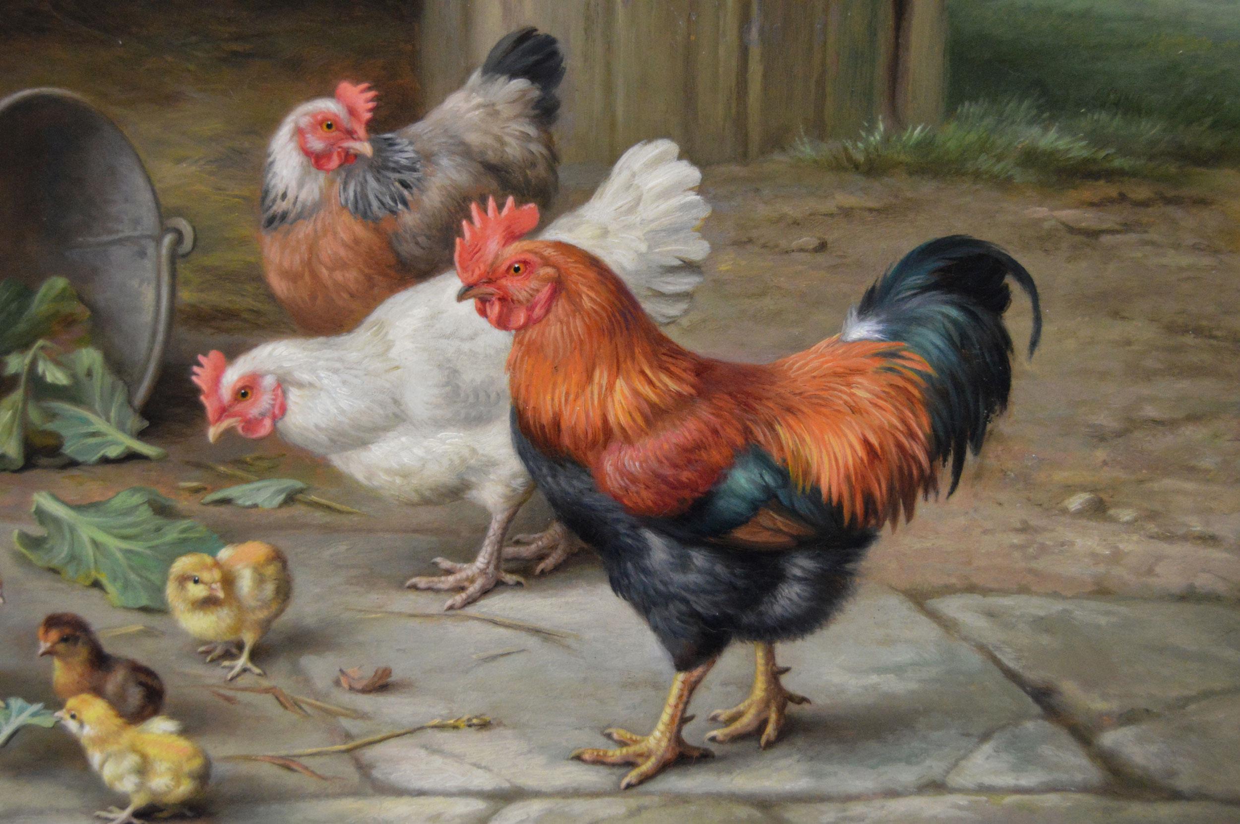 Pintura al óleo animal de un gallo, gallinas y pollitos - Animal Painting Marrón de Edgar Hunt