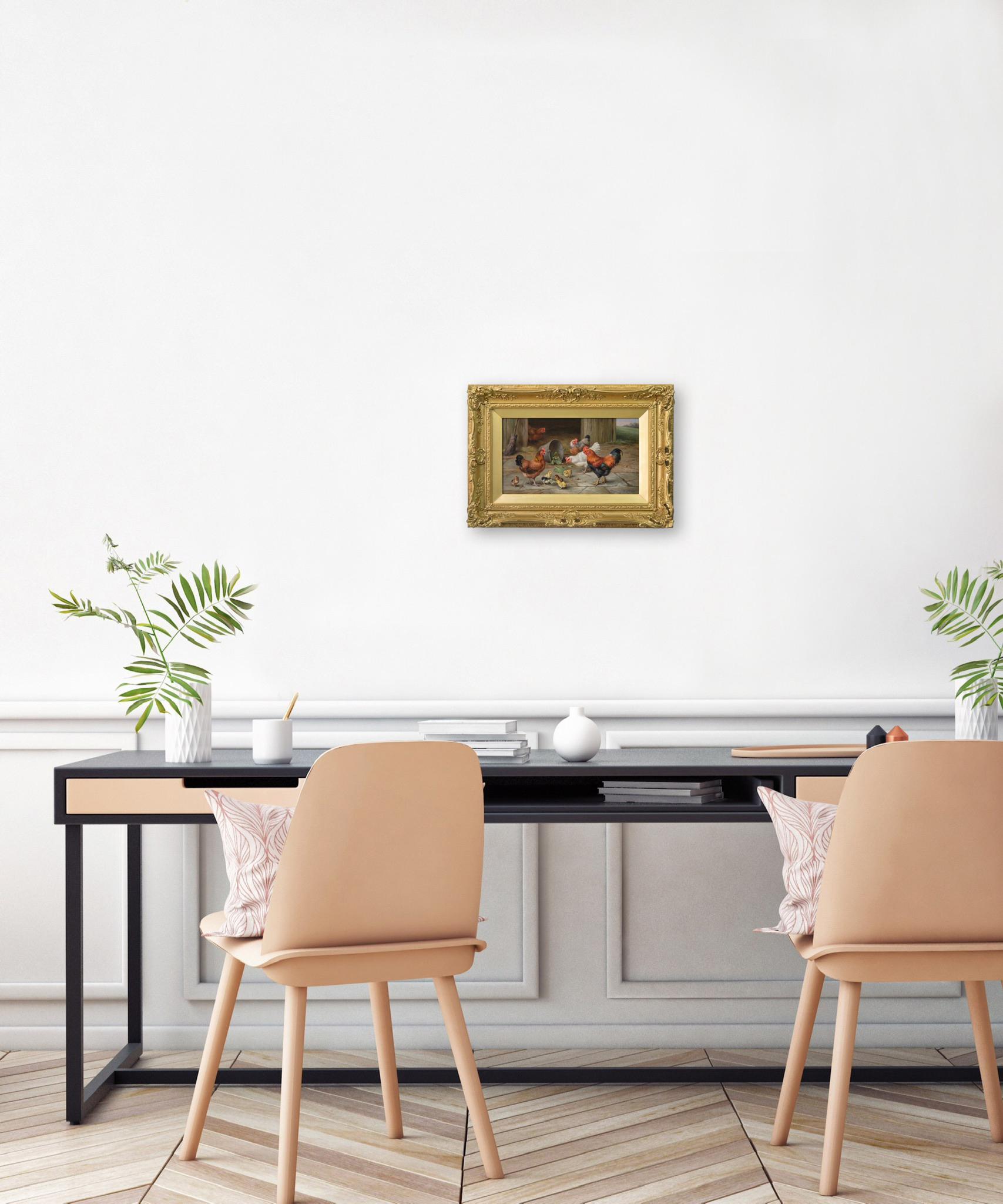 Pintura al óleo animal de un gallo, gallinas y pollitos en venta 3