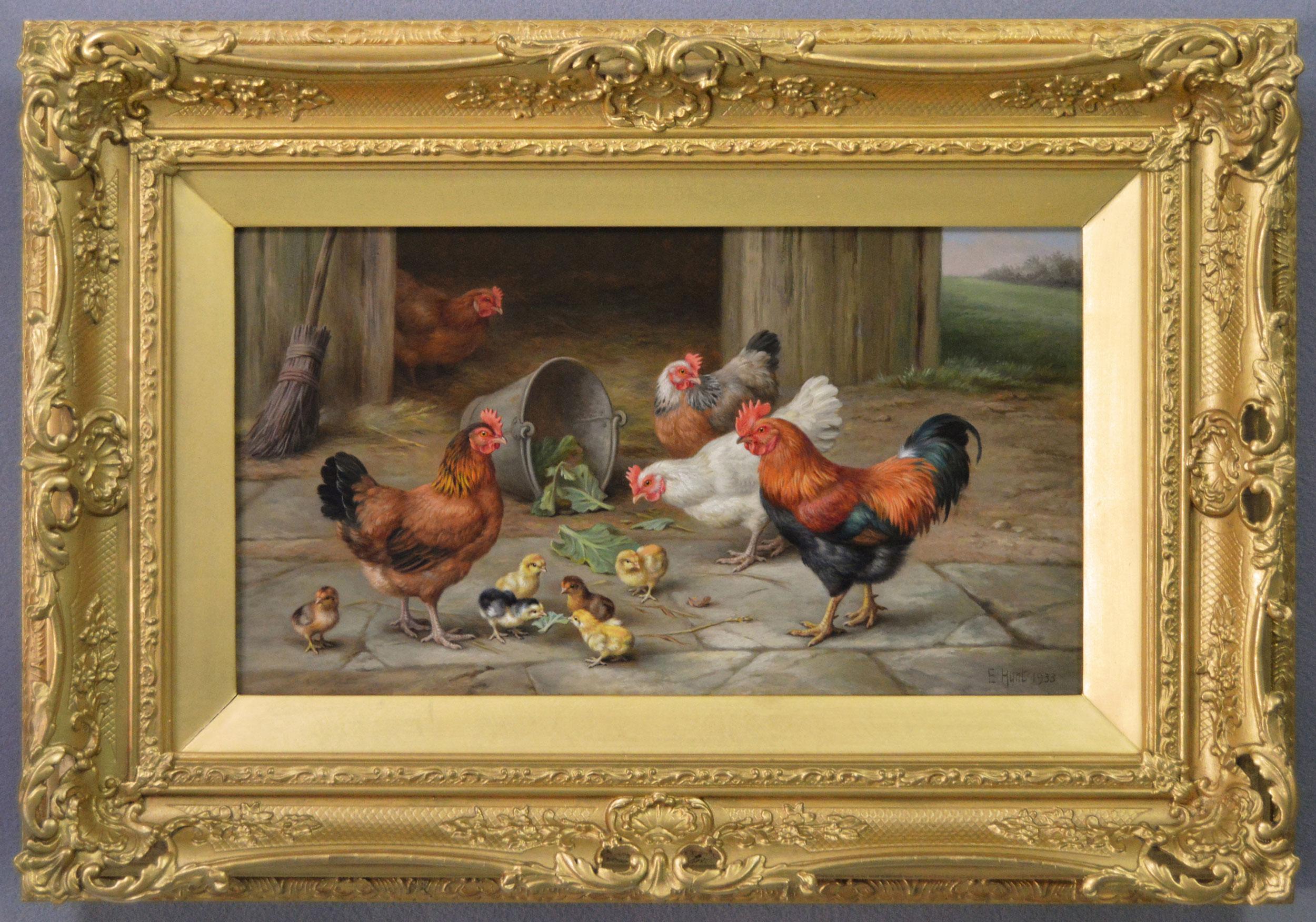 Animal Painting de Edgar Hunt - Pintura al óleo animal de un gallo, gallinas y pollitos