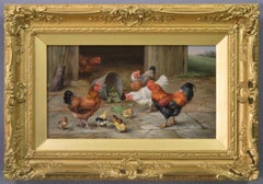 Animal oil painting of a cockerel, chickens & chicks