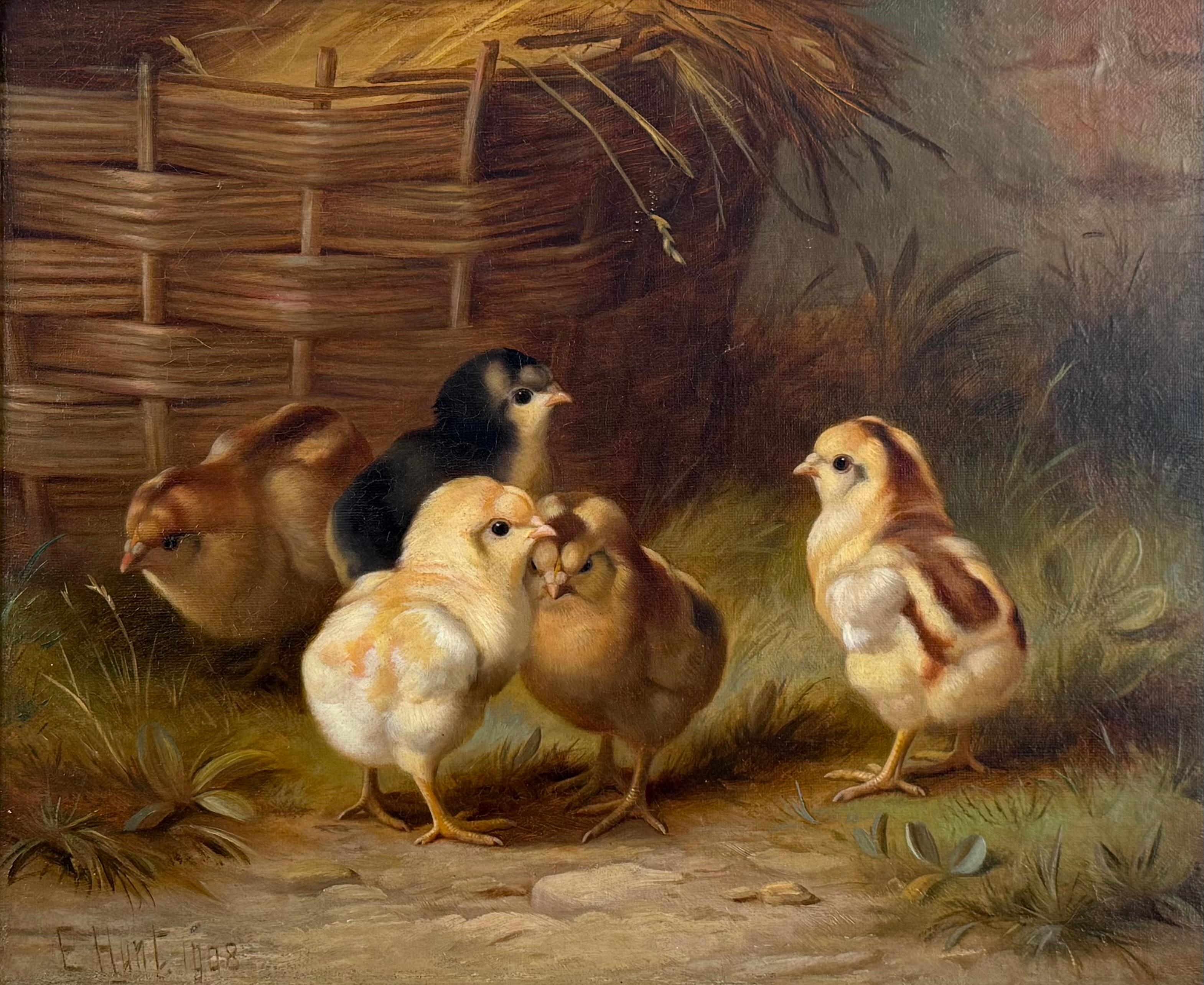 Edgar Hunt Animal Painting - Chicks by the Wicker Basket, Oil on Canvas, Signed, Early 20th Century
