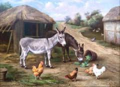 Antique Farmyard Scene of Donkey's & Chickens by Edgar Hunt