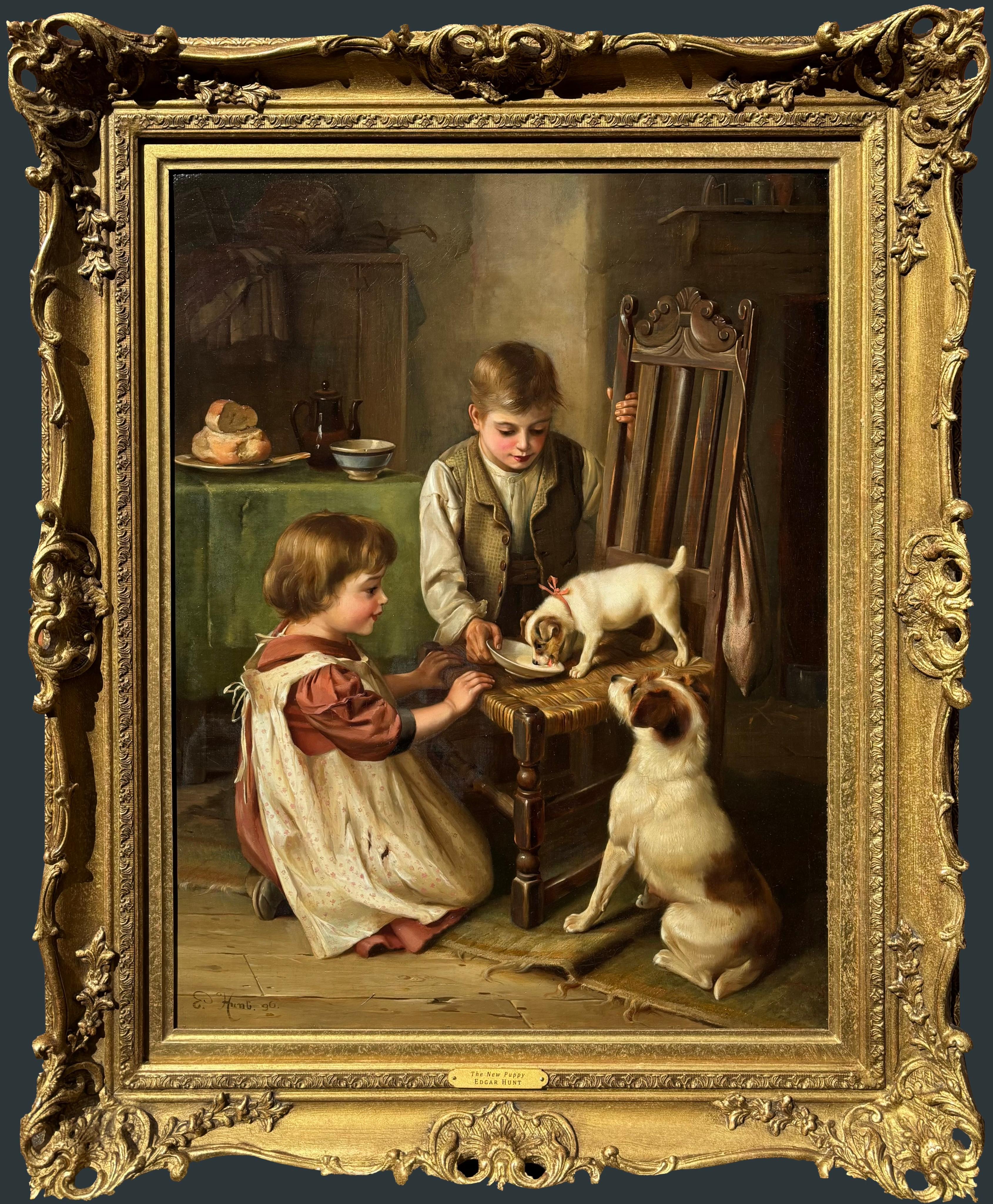 The New Puppy, Victorian Oil on Canvas Painting, Signed 1896, Framed