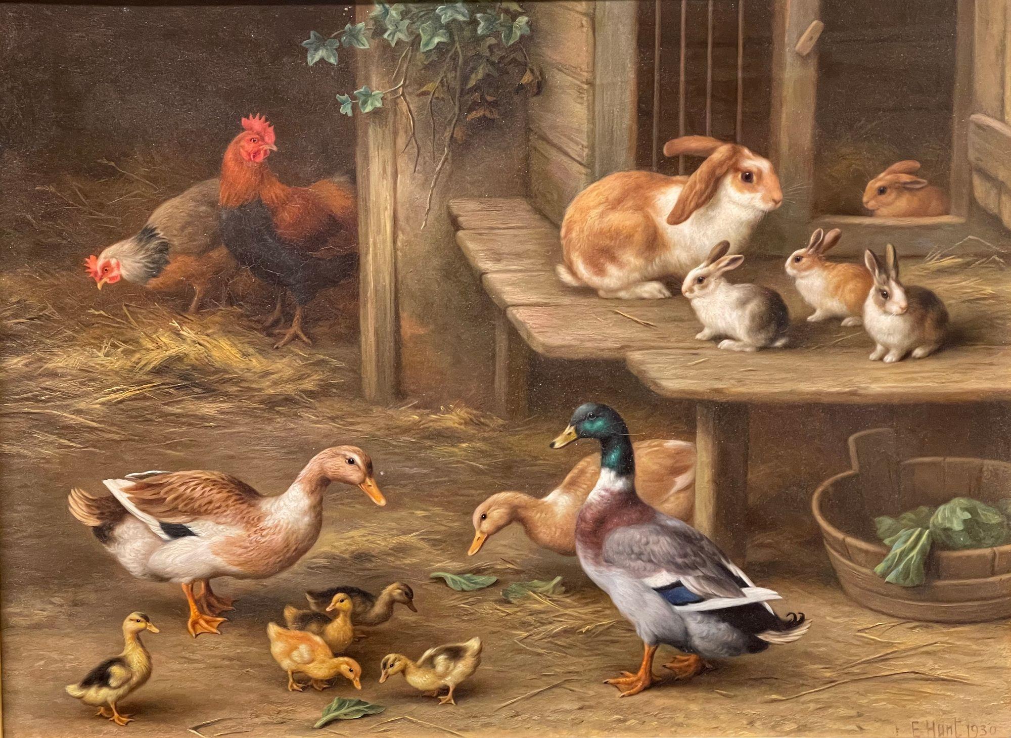 This charming oil on canvas painting by Edgar Hunt depicts a serene farmyard scene filled with lively animals. A pair of ducks and their ducklings take center stage, showcasing their vibrant plumage and playful interactions. Nearby, rabbits frolic