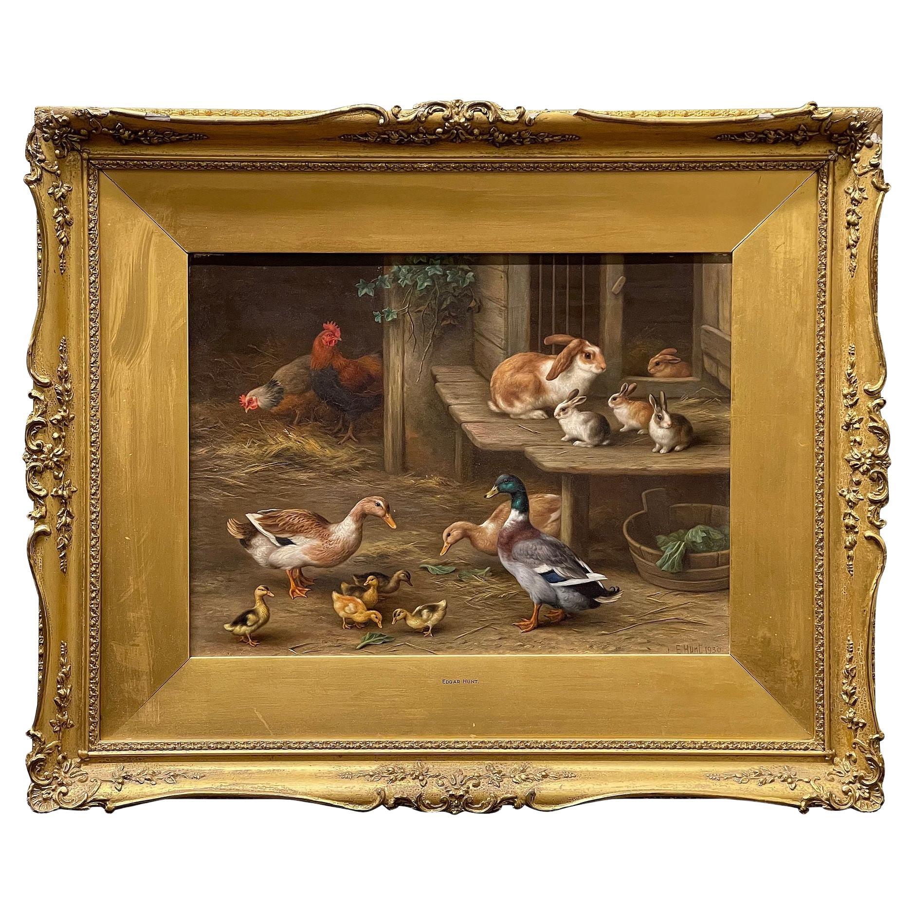 Edgar Hunt, oil on canvas, Farm animals, 1880. For Sale