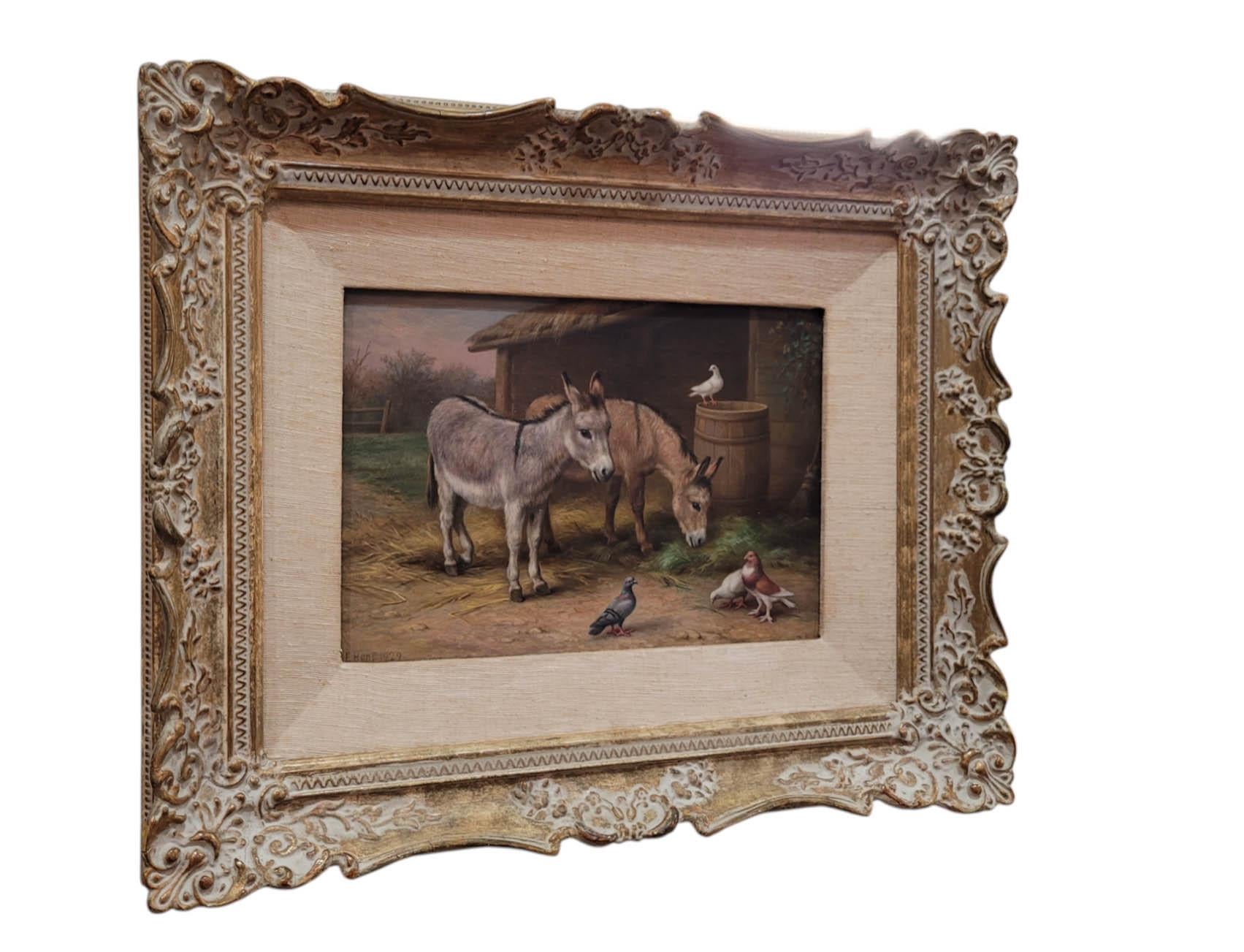 Pintura al óleo de Edgar Hunt - Dos burros y palomas en un corral, 1929 Inglés en venta