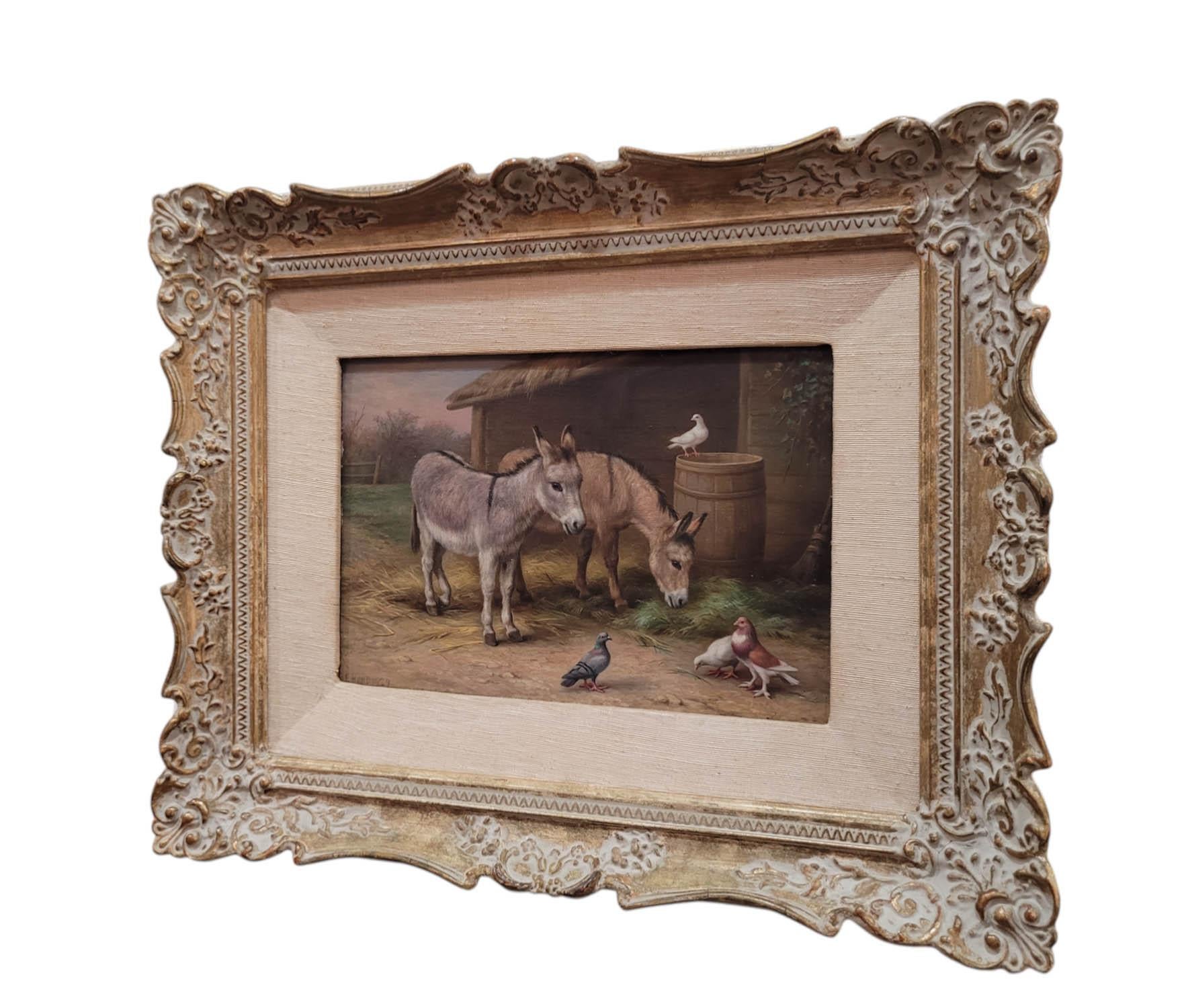 Pintura al óleo de Edgar Hunt - Dos burros y palomas en un corral, 1929 Pintado a mano en venta