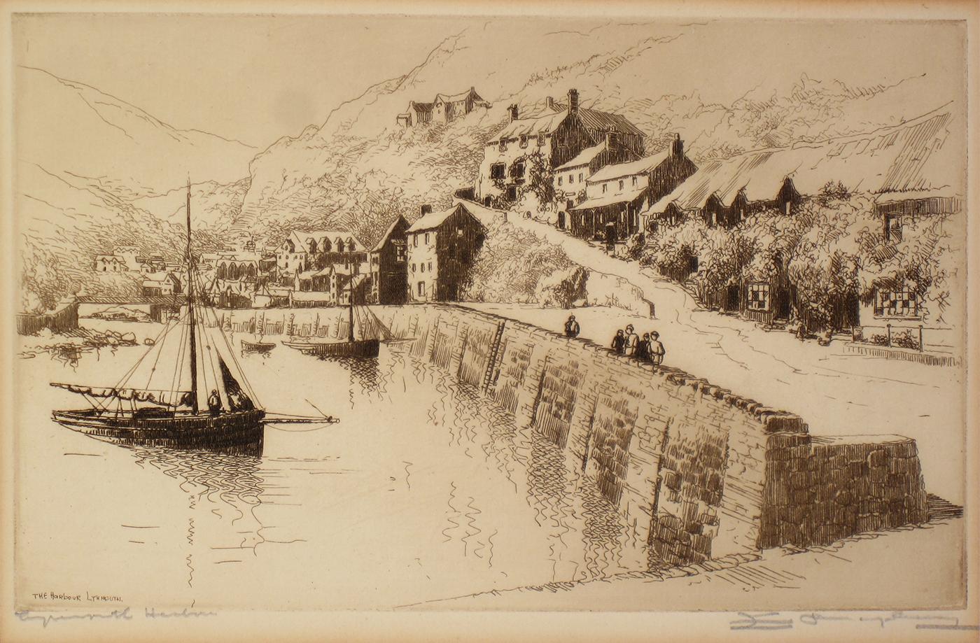 Landscape Print Edgar James Maybery - Le Harbour Lynmouth. Impression ancienne des années 1920