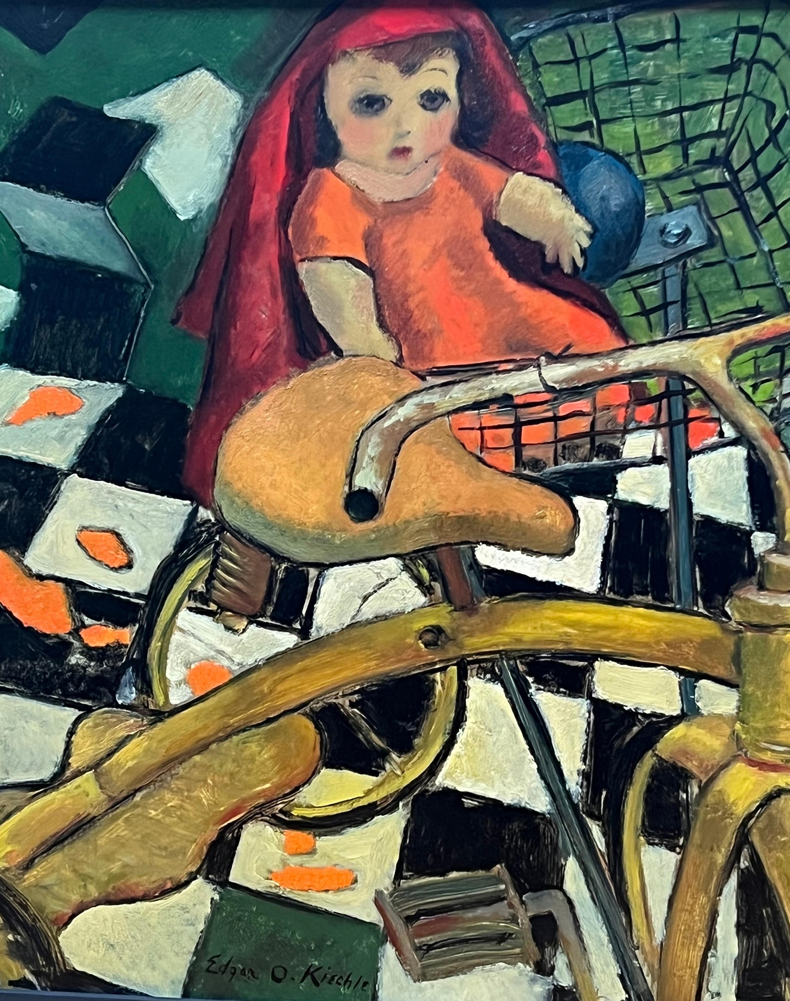 This figurative painting by Edgard Kiechle presents the scenario of a doll who is very surprised to have been abandoned into the basket of her mom's tricycle.
An interesting factor is the pictorial use of angles. The point of view, a little above