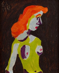 Vintage American Modernist Painting by Edgar Levy, Red Head, 1943