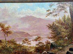 Antico paesaggio inglese del XIX secolo con bambini che giocano vicino a un lago o a un loch