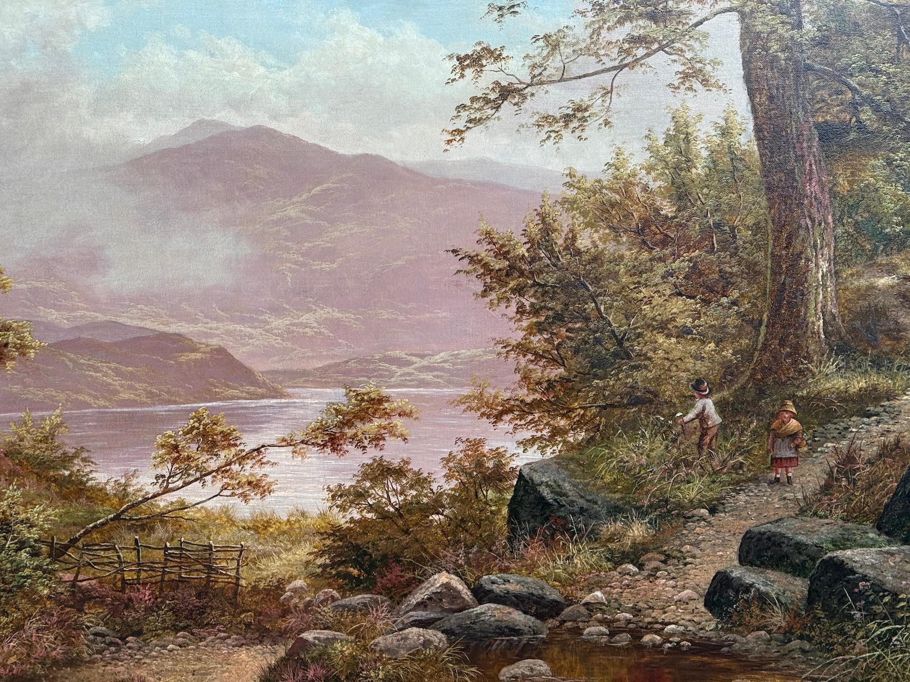 Paysage anglais ancien du 19e siècle représentant des enfants jouant au bord d'un lac ou d'un loque - Victorien Painting par Edgar Longstaffe